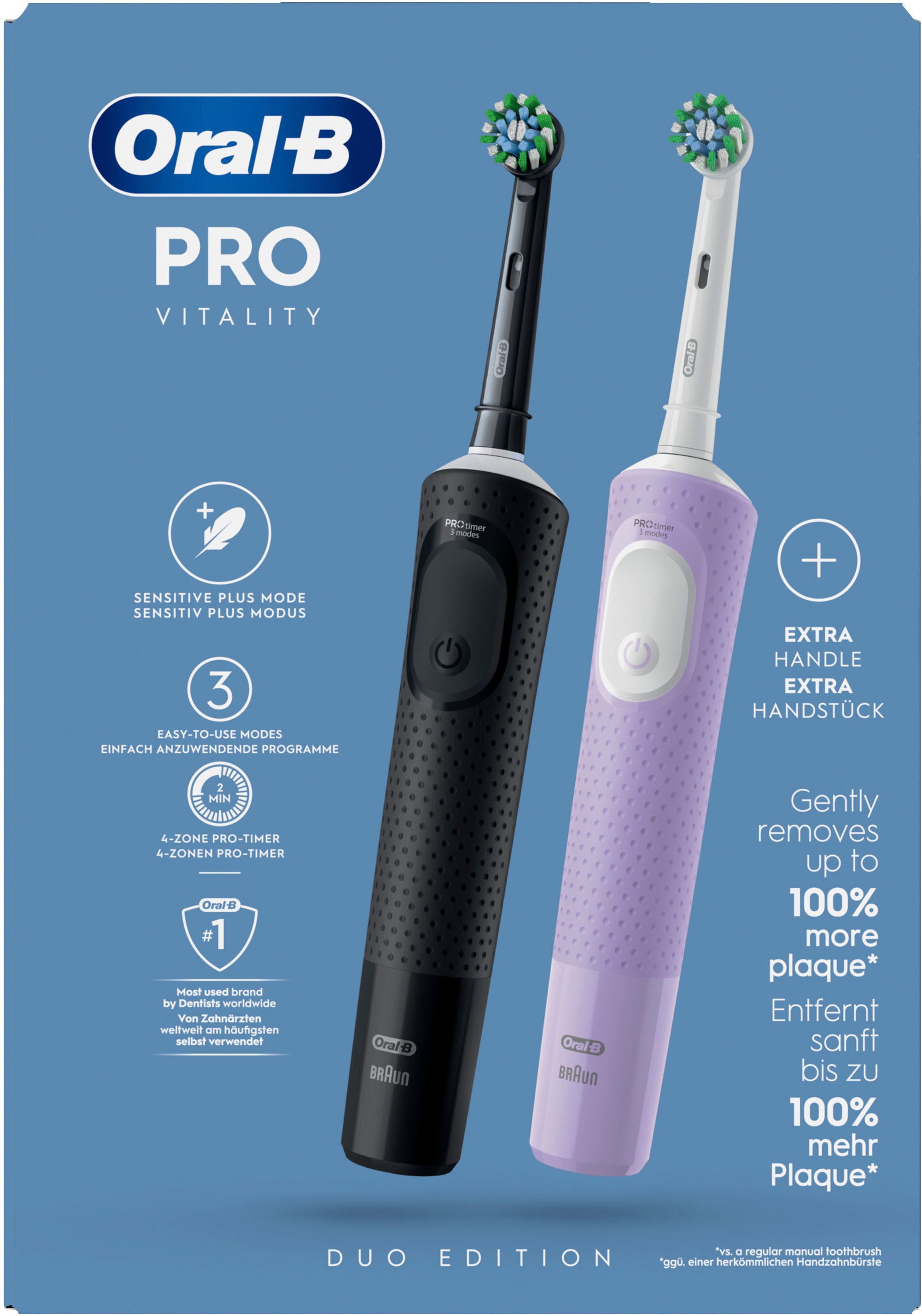 Oral-B Brosse à dents électrique »Oral-B Vitality Pro« 2 cuis Aufsteckbürsten 3 modes de nettoyage pour soins dentaires, design par Braun, noir/lilas