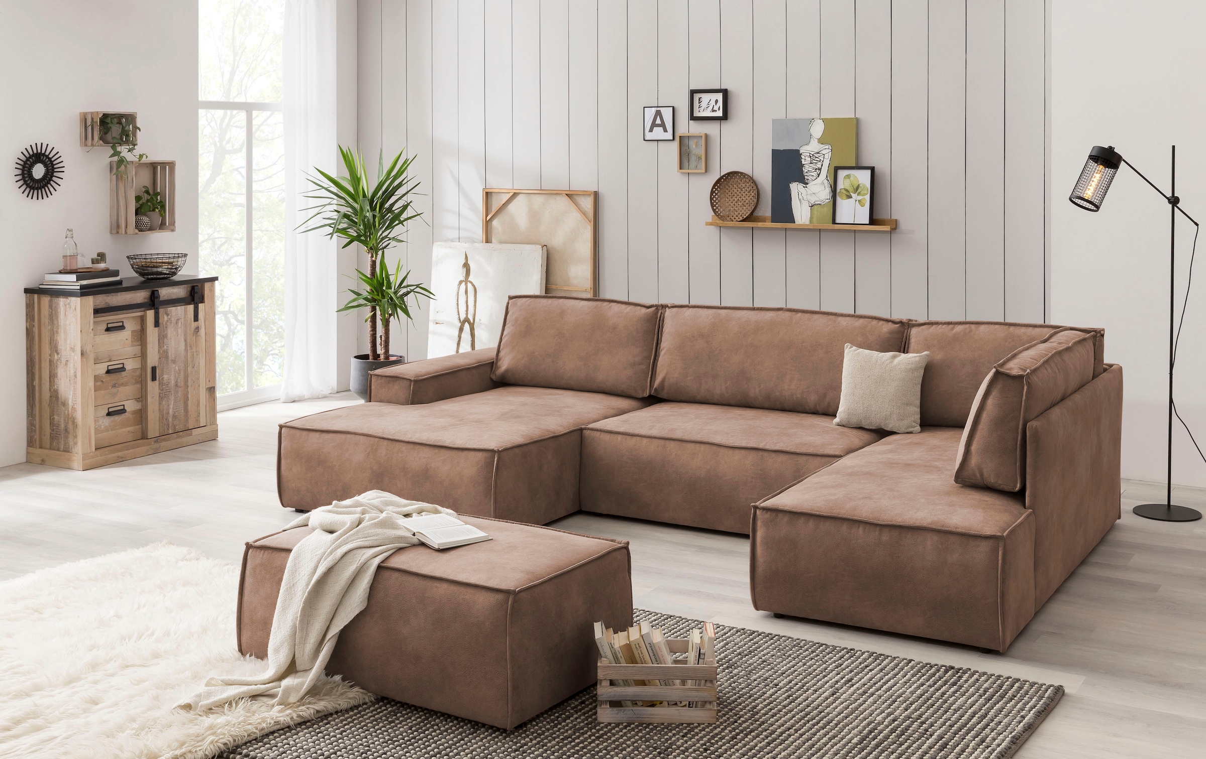 GOODproduct Paysage de salon »SHERWOOD Vintage Lederoptik U-Form, 329 cm« Fonction couchage avec coffre-lit (194x139 cm), velours côtelé, vintage, velours
