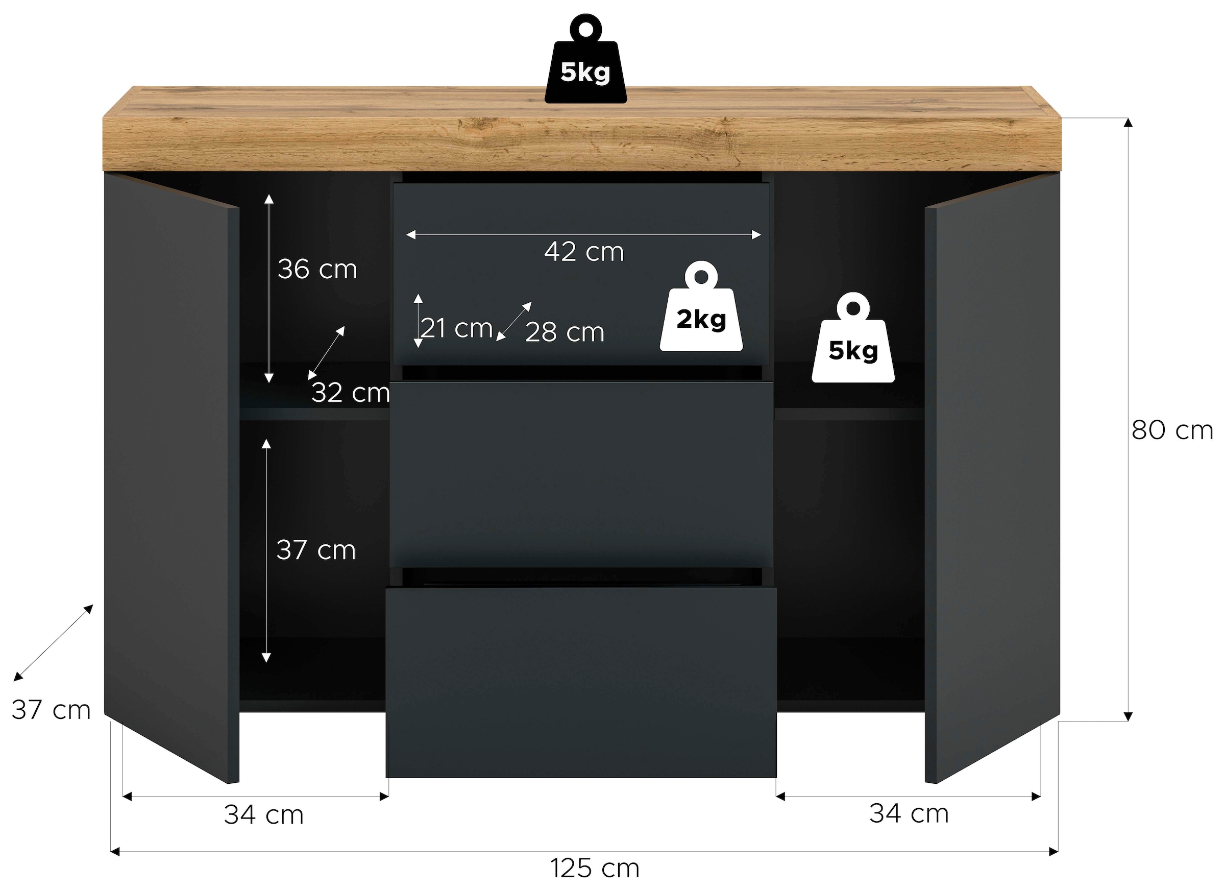 GOODproduct Sideboard »MAMBO, TOPSELLER!, Breite 125cm, 2 Türen, 3 Schubkästen, push-2-open« 2 farbige Ausführung, in verschiedenen Farben erhältlich, 1 Stk. tlg. Sideboard, Kommode, Wohnzimmer, Flur, Arbeitszimmer