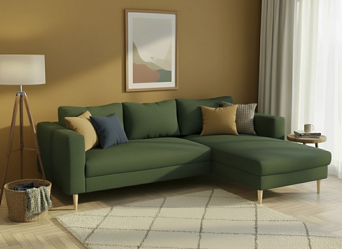TRENDMANUFAKTUR Ecksofa »Amazing, wahlw. mit Schlaffunktion & Bettkasten, Fuss Buche lackiert« Recamiere beidseitig montierbar, L-Form,in Cord o. Struktur, B: 232 cm