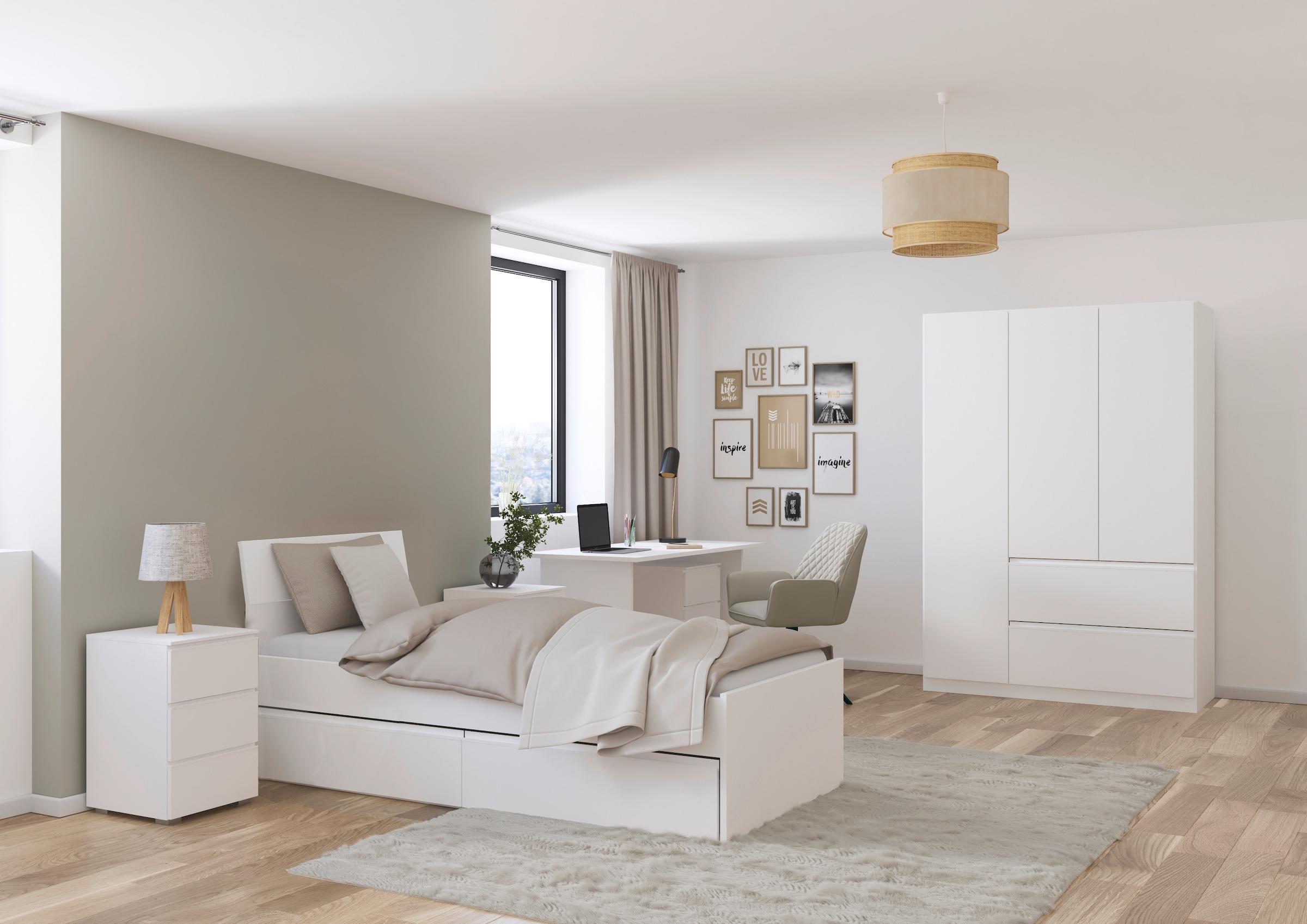 rauch »Komplettzimmer Schlafzimmer-Set (5-St.) Jugendzimmer-Set JOEL« Ensemble, Lit 90x200 ou 140x200 cm, packs d’équipement BASIC/CLASSIC/PREMIUM, 5 cuis tlg. lit 2 largeurs, table de nuit, table, caisson à roulettes, armoire MADE IN GERMANY
