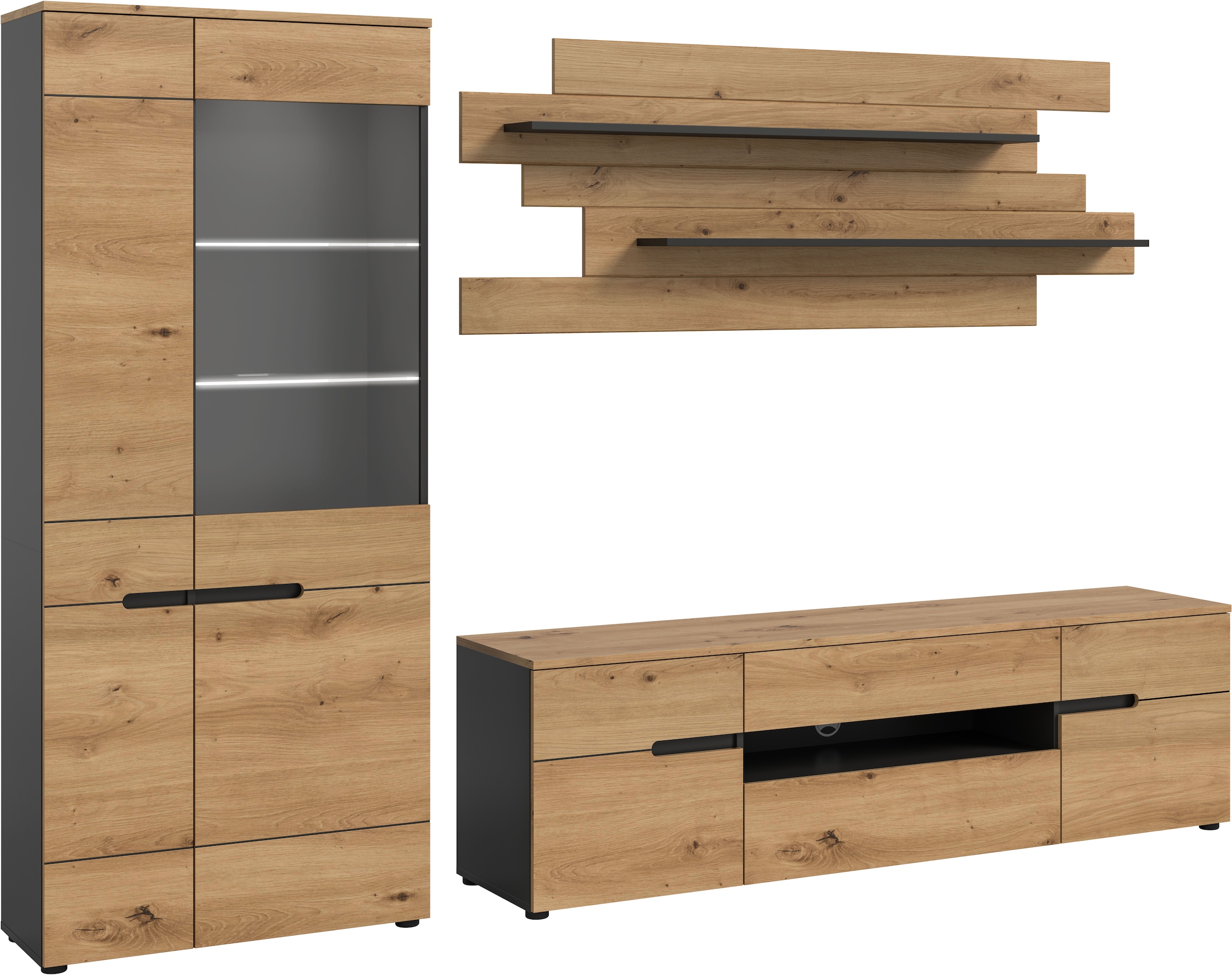 INOSIGN Meuble mural »REHAT, TOPSELLER!, 3-teilig, Breite 280 cm, inklusive Beleuchtung« Set inkl. Beleuchtung, bestehend aus: Vitrine, Lowboard und Wandboard, 5 cuis tlg.