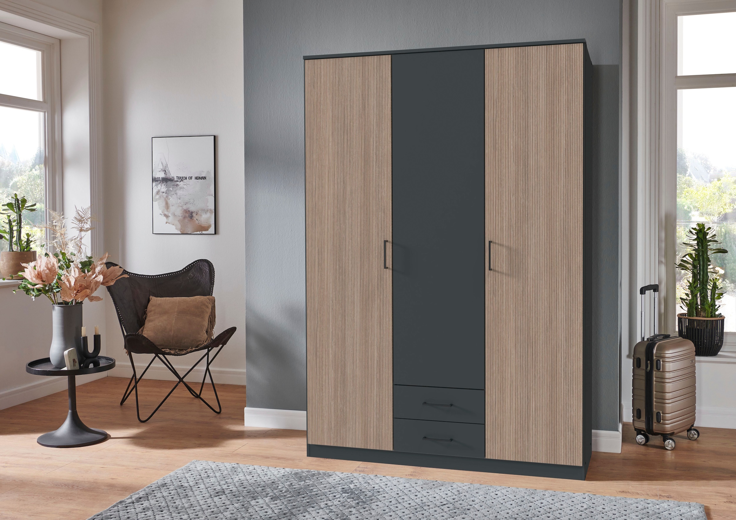 Wimex Kleiderschrank »Fulda, 135 oder 180/58/199cm, 2 Schubladen, Made in Germany« mit Kranzleiste,  besonderer Look durch Multiplex Optik, mit oder ohne Glasauflage