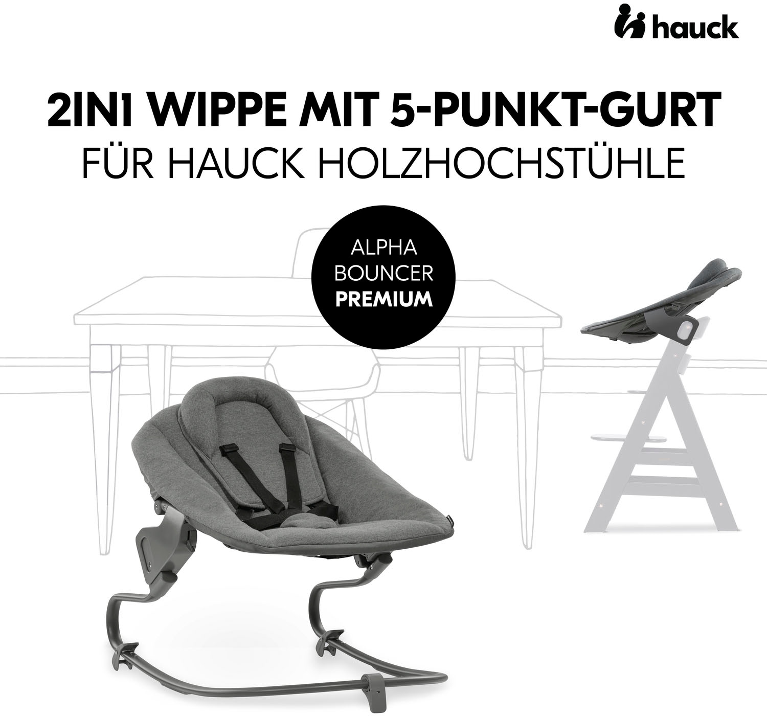 Hauck Transat pour bébé »Alpha Bouncer Premium, Dark Grey« bis 9 kilos für Neugeborene mit Wippgestell, für Hochstuhl Alpha+ und Beta+