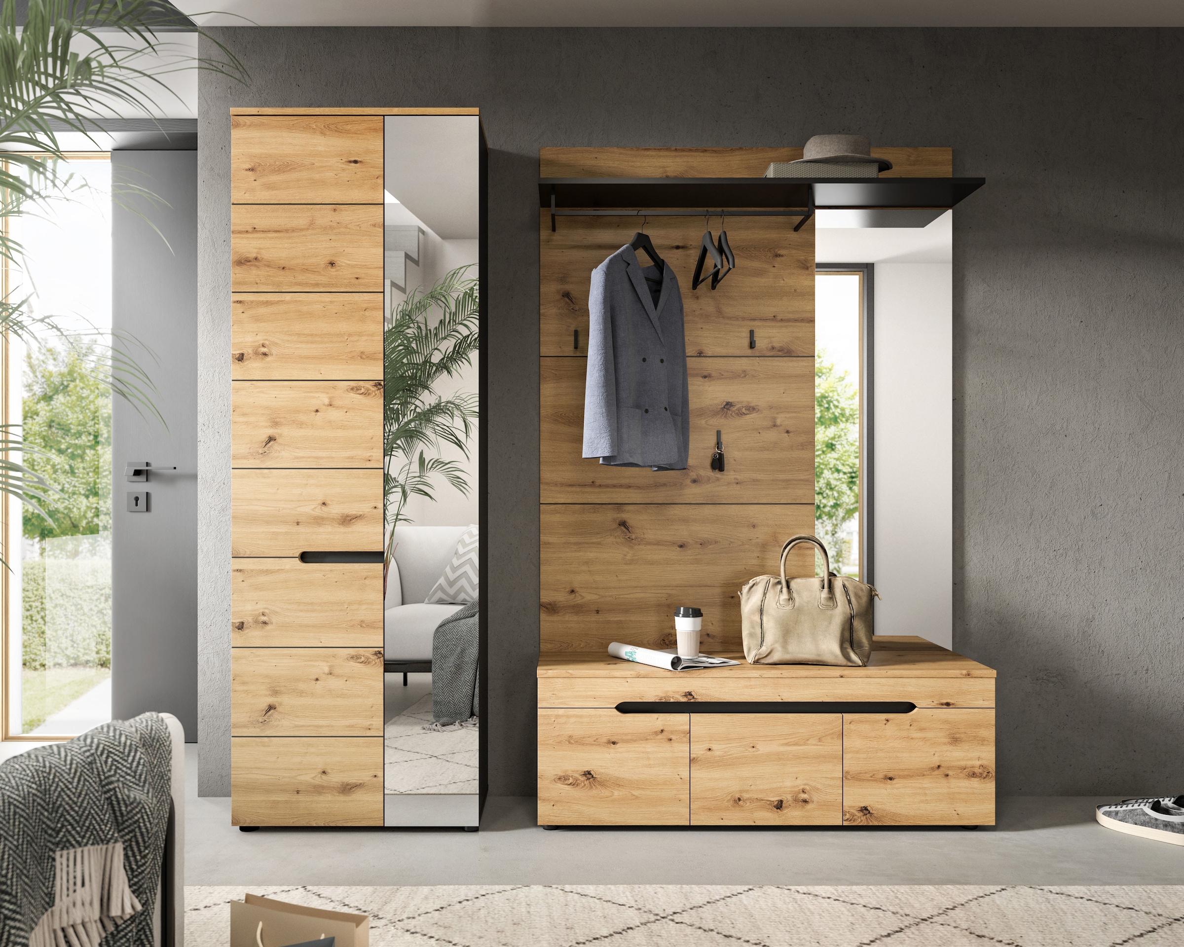 Home affaire Ensemble de vestiaires »REHAT, TOPSELLER!, 3-teilig, Breite 200 cm, individuell stellbar« Ensemble, composé de : armoire à vêtements, banc et panneau de rangement, 3 cuis tlg.