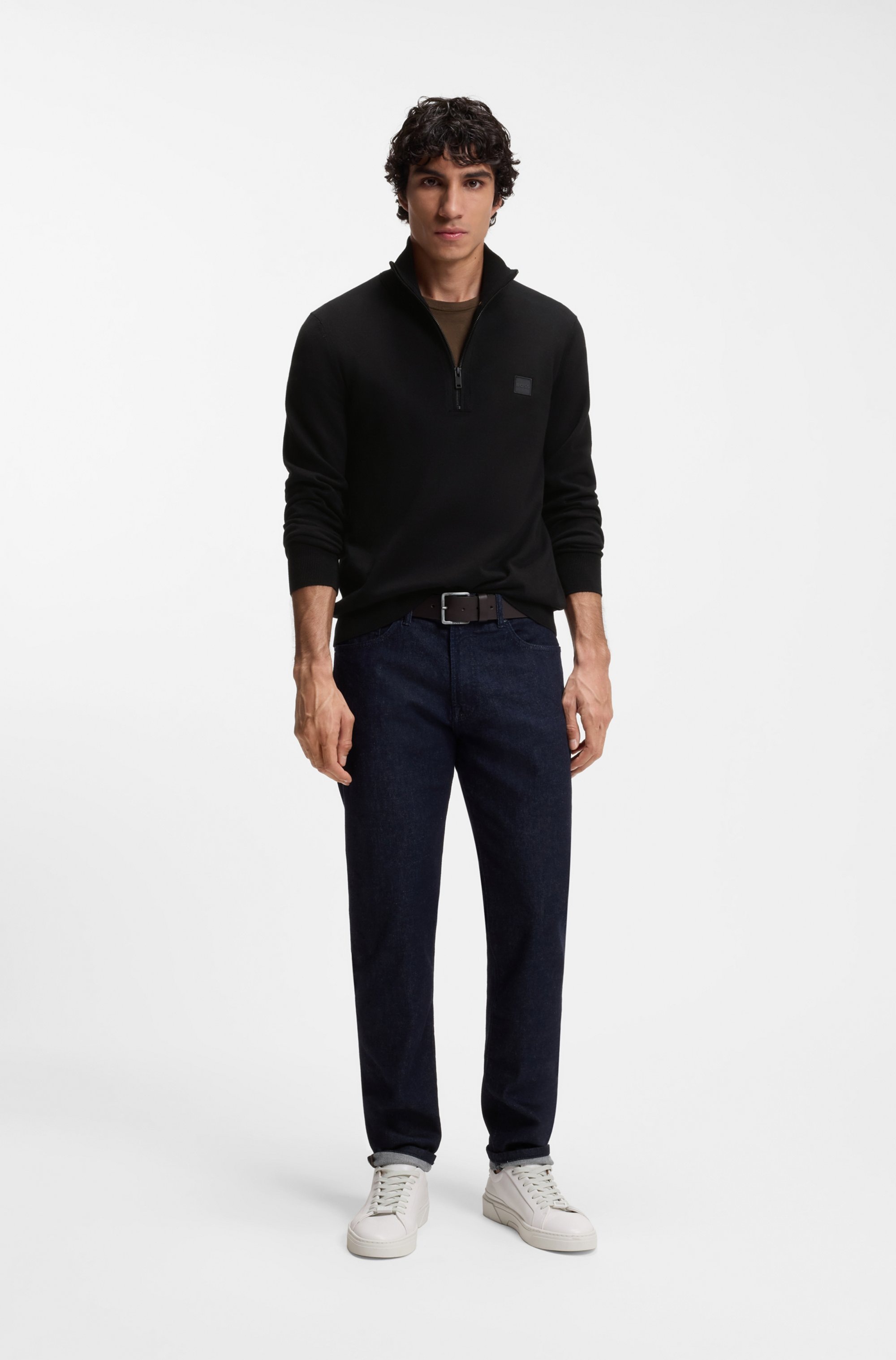 BOSS ORANGE Pull à col roulé »Kanobix Half Zip Cotton Cashmere« coupe régulière, col montant avec fermeture éclair, logo ton sur ton