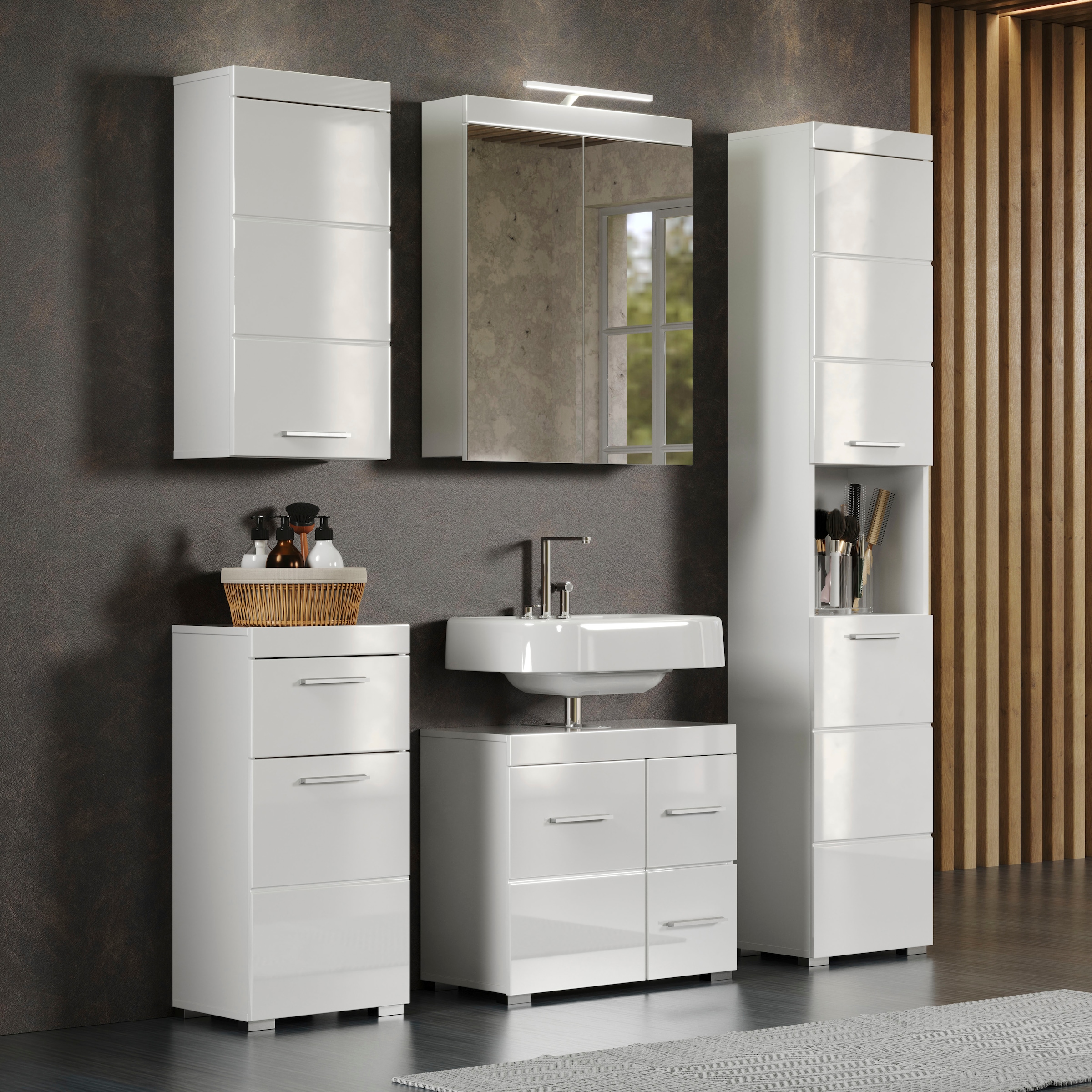 welltime Waschbeckenunterschrank »Avena« 1 Stk. tlg. Badezimmerschrank mit Tür & Schubkästen – (B/T/H) 60/34/56 cm
