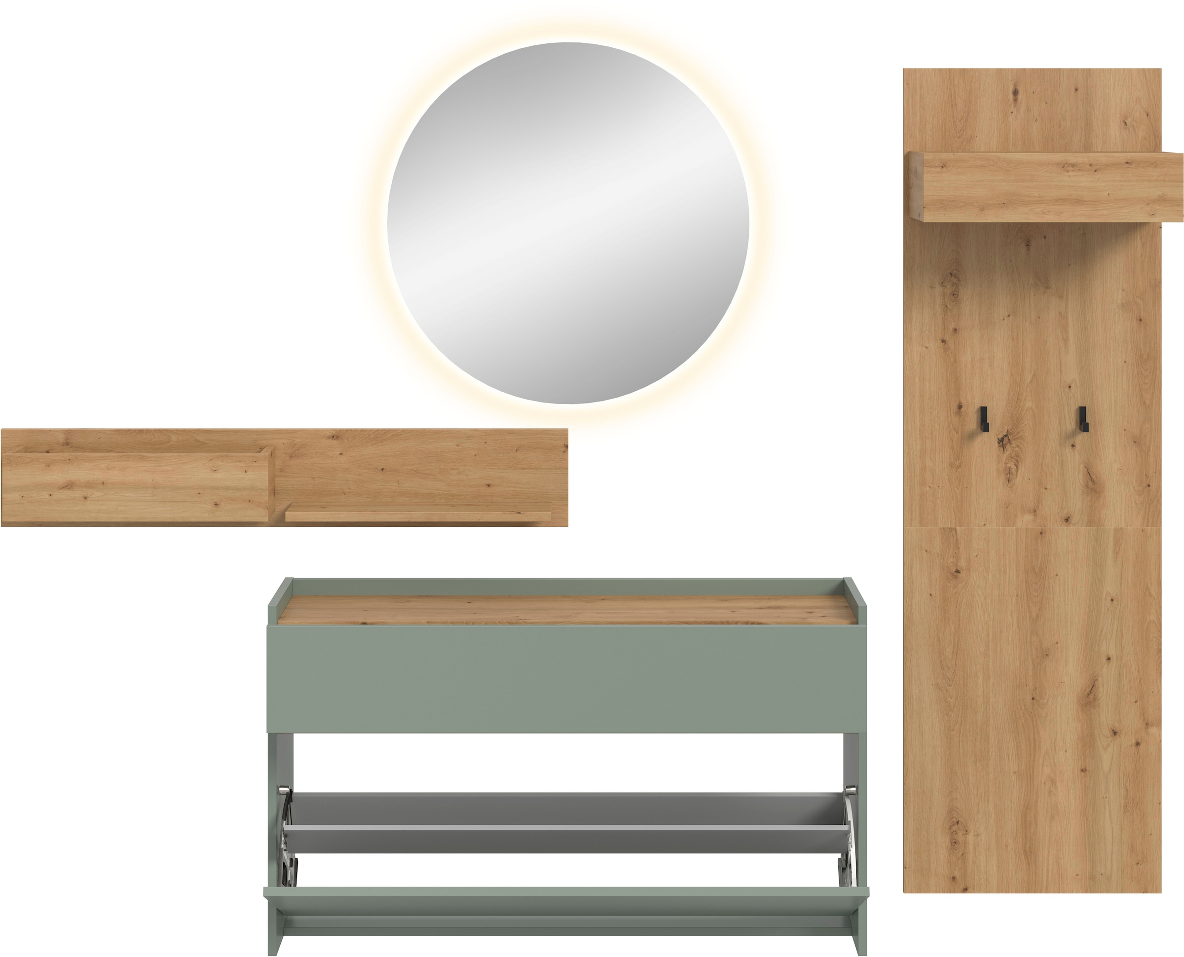 Home affaire Garderoben-Set »EVRID, 4-teilig, Breite 205 cm, inkl. Beleuchtung« best. aus: Wandboard, Kommode, Spiegel, Garderobenpaneel, 4 Stk. tlg.