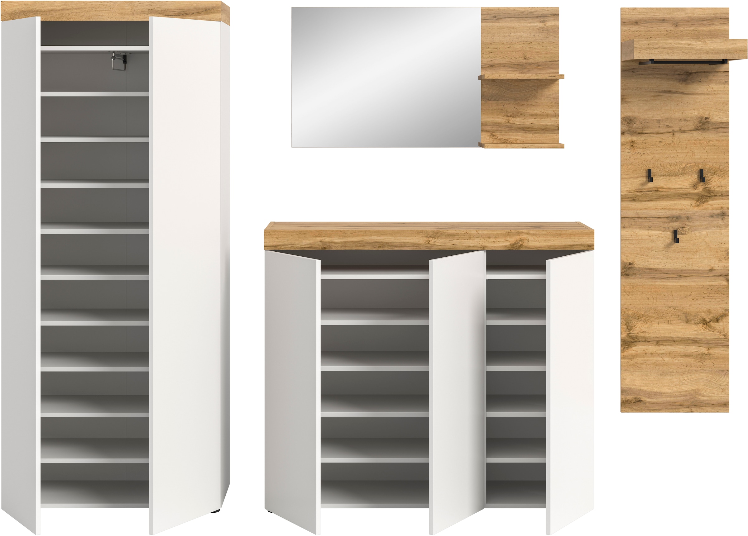 GOODproduct Garderoben-Set »MAMBO, 4-teilige Kombination, stehend & hängend montierbar« bestehend aus: Garderobenschrank, Kommode, Spiegel, Garderobenpaneel, 4 Stk. tlg.