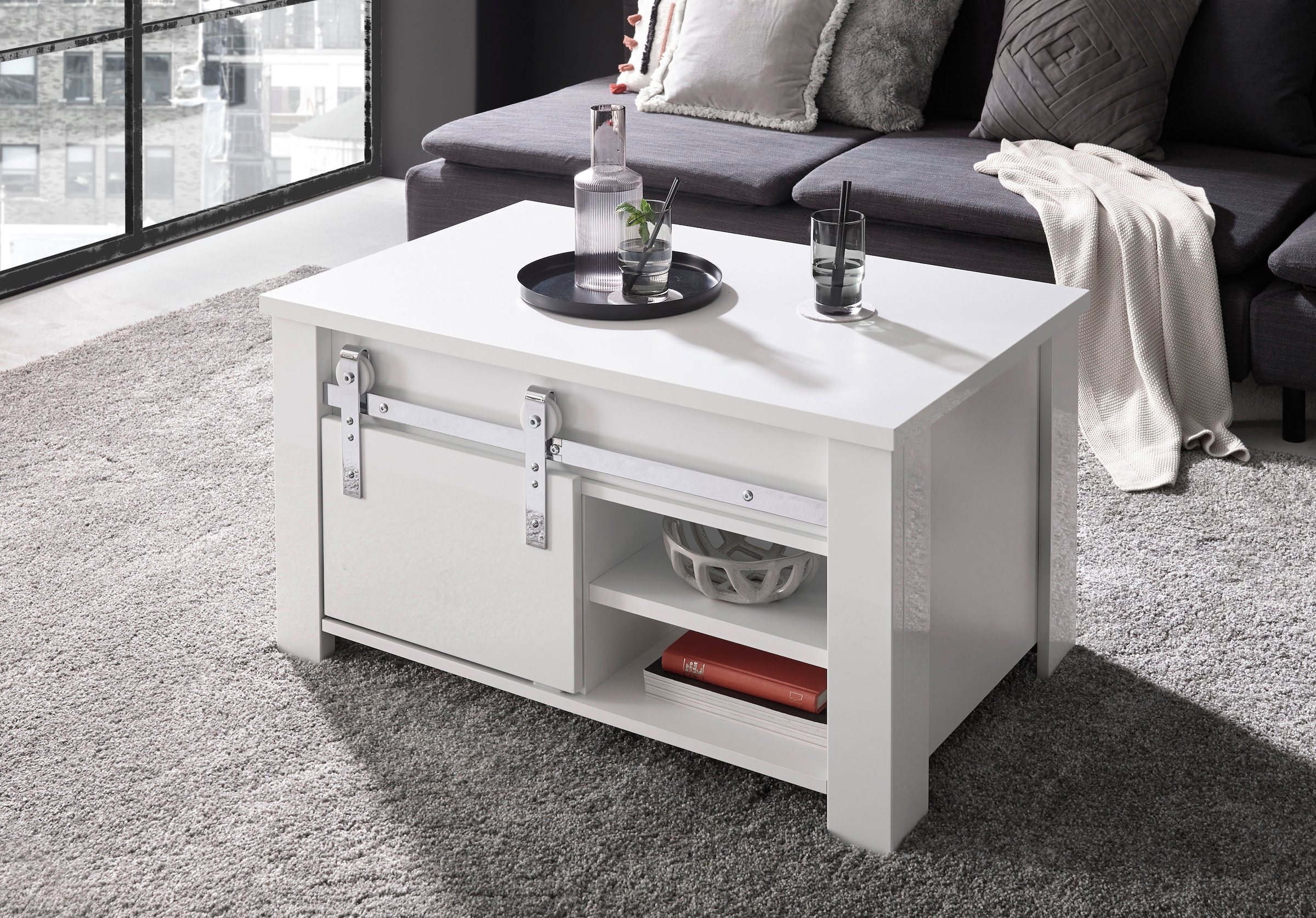 Home affaire Couchtisch »Daytona, Beistelltisch, Wohnzimmertisch, Sofatisch, Tisch« mit Schiebetürenbeschlag in Chrom-Optik, mit Fächern und Ablageböden