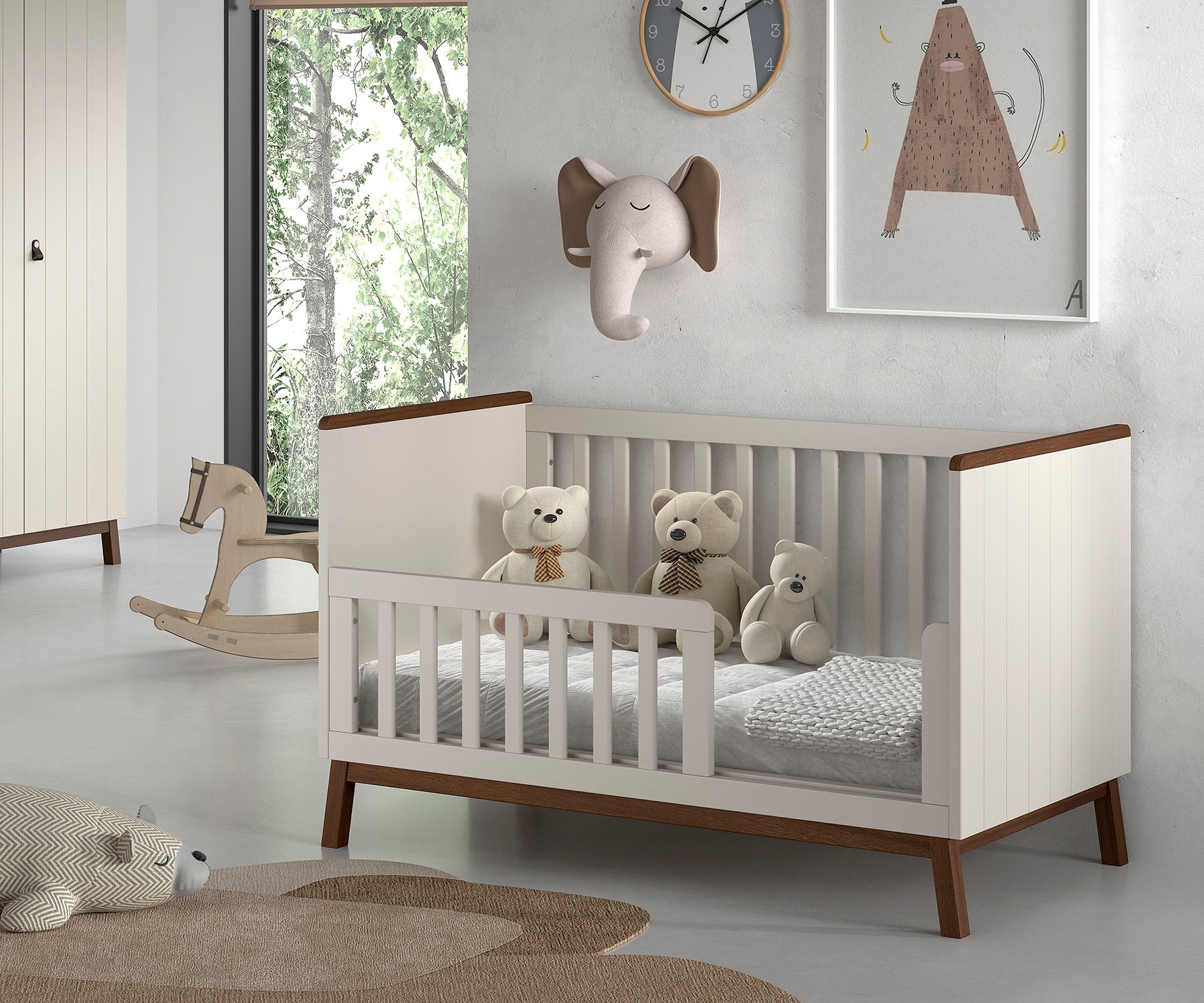 Vipack Lit bébé »Sezane 70x140 cm, in warmen Grau lackiert, Absatz nussbaumfarbig« avec sommier à latte réglable en 3 positions, convertible plus tard en lit junior