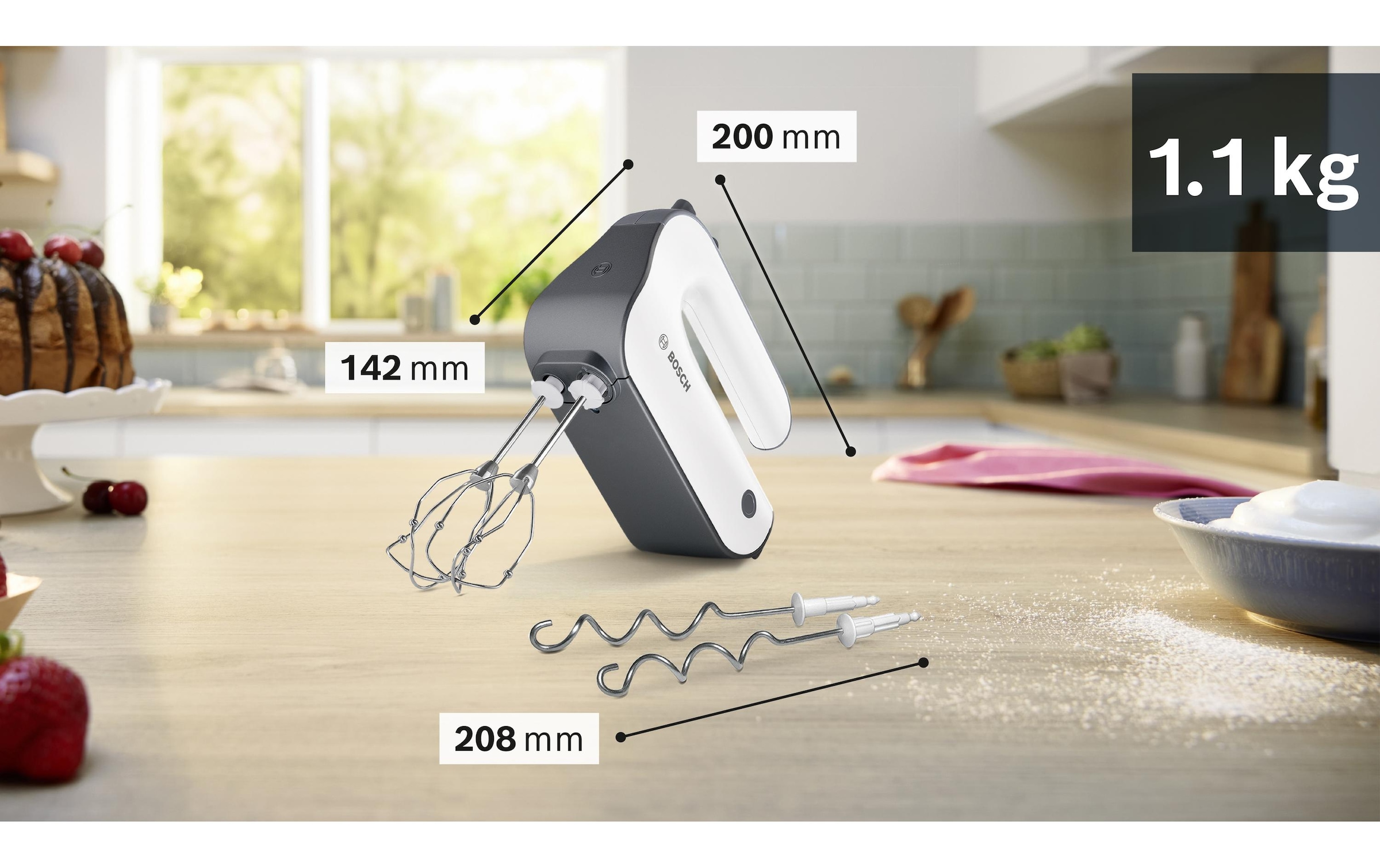 BOSCH Mixeur à main »MFQ49300, Edelst. Rührbesen/Knethaken, 5 Stufen, Spiralkabel« 850 W Turbotaste, Soft-Touch-Griff, leichtes Gehäuse, Made in Europe