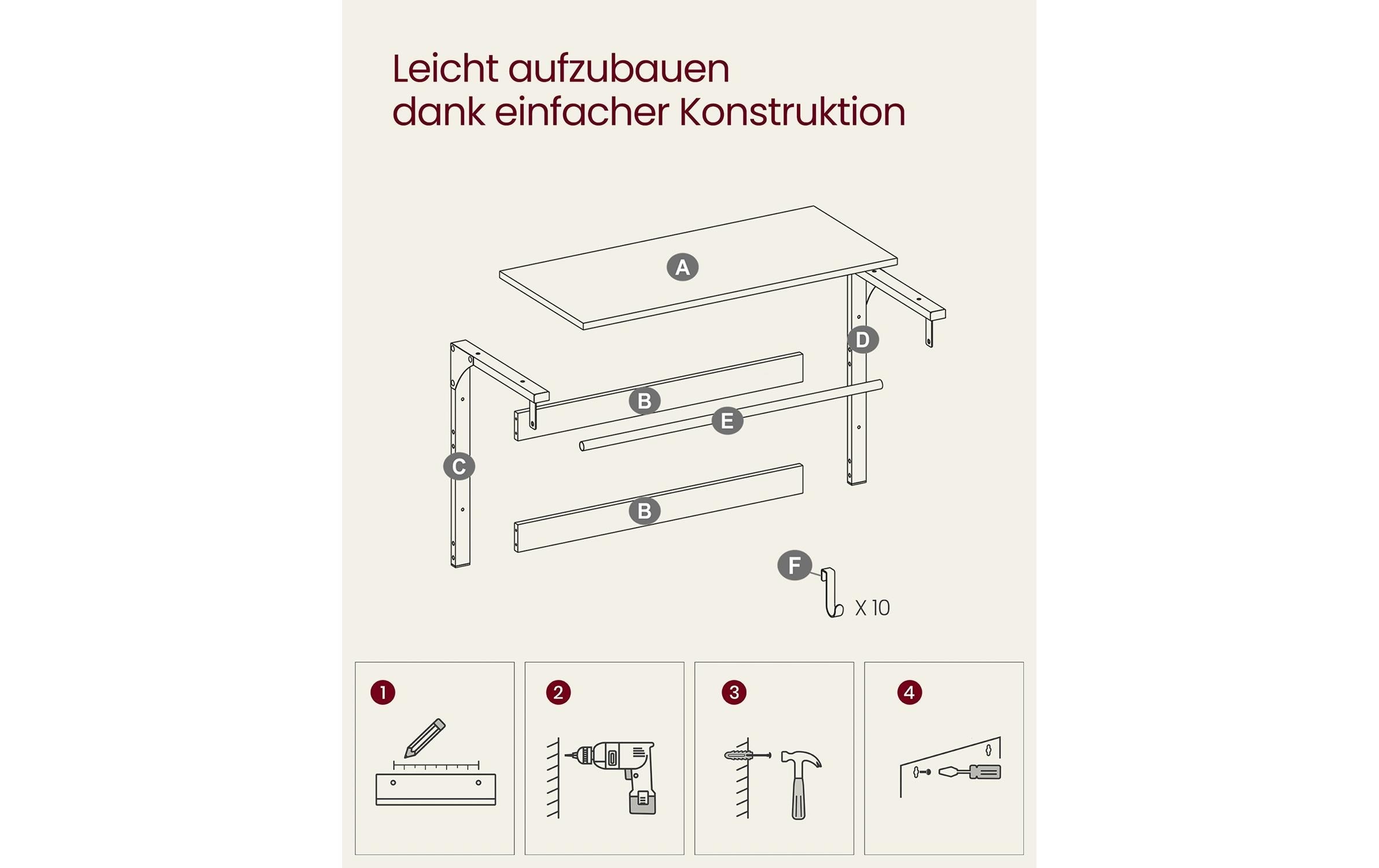 VASAGLE Porte-manteau mural »im Industriestil mit Ablage 80 x 30 x 45 cm« Wandregal mit Kleiderstange und 10 Haken