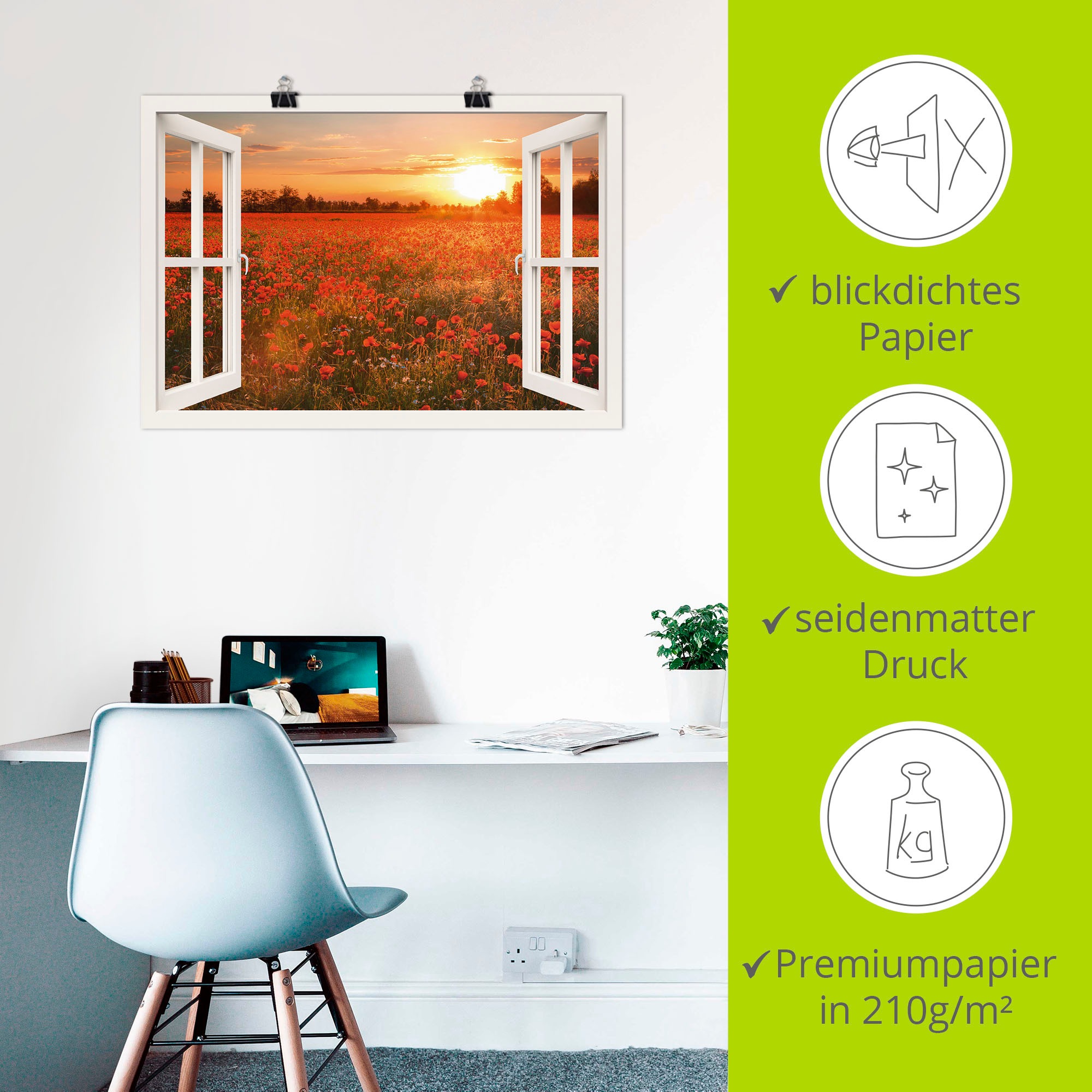 Artland Fresque murale »Fensterblick Mohnblumenfeld« 1 cuis tlg. als Leinwandbild, Poster in verschied. Grössen