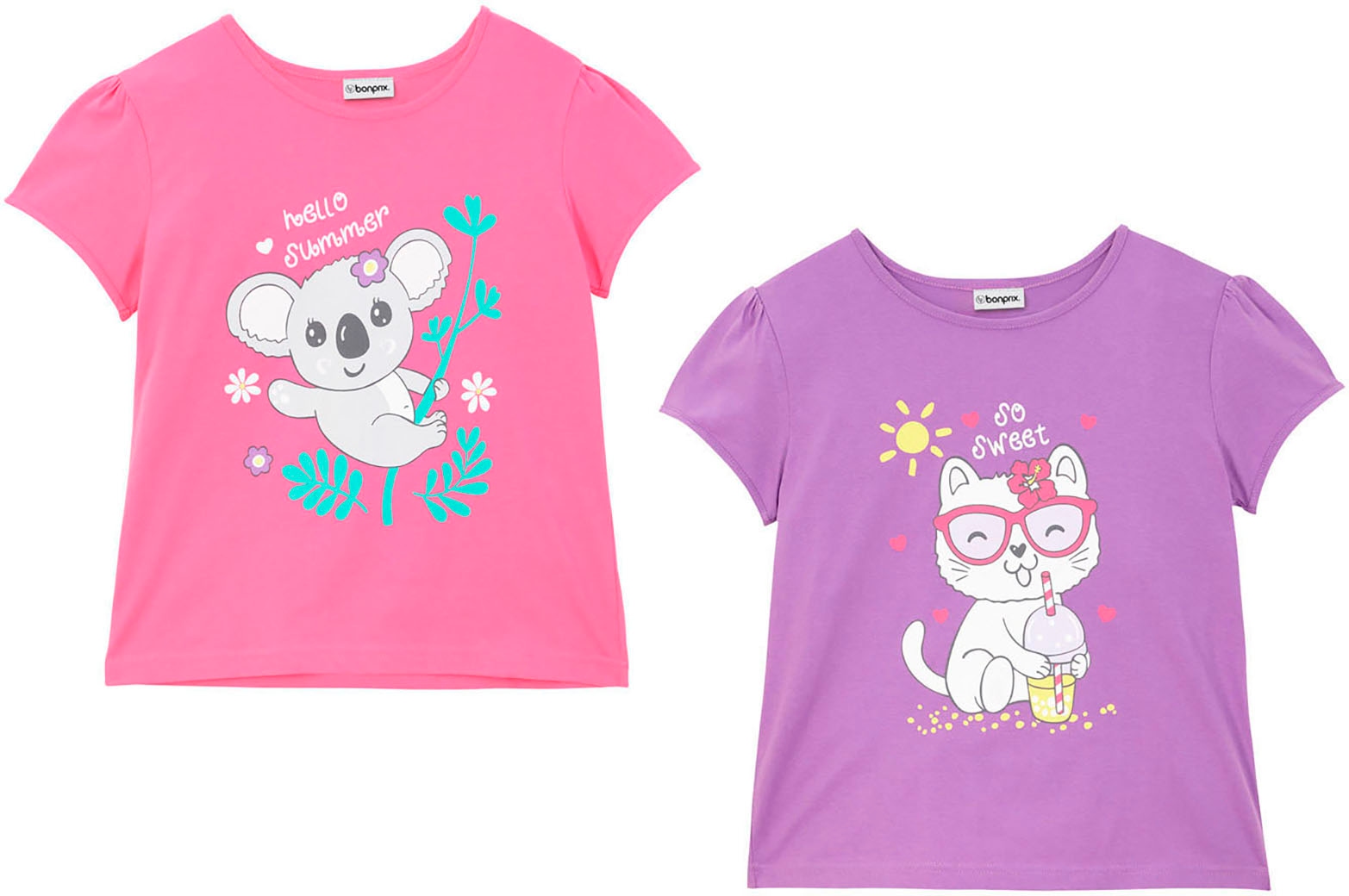 bonprix T-shirt Packung, 2 pièces regular fit Passform, Kurzarm, mit Print auf der Vorderseite