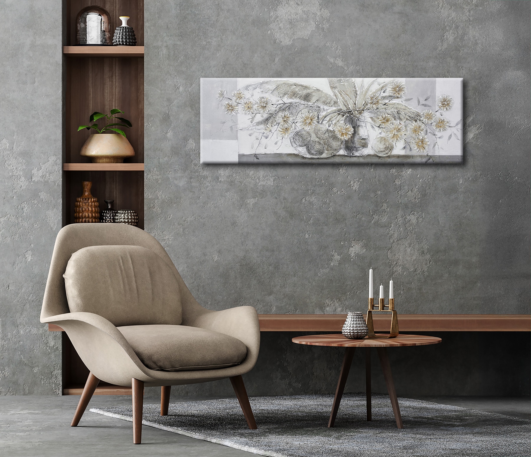 Bönninghoff Peinture à l'huile »handarbeit BLUMENVASE 40x120 cm – Wandbild Kunst Deko modern« Feuilles | Fleurs | Vases fabriqué à la main, chaque image est unique