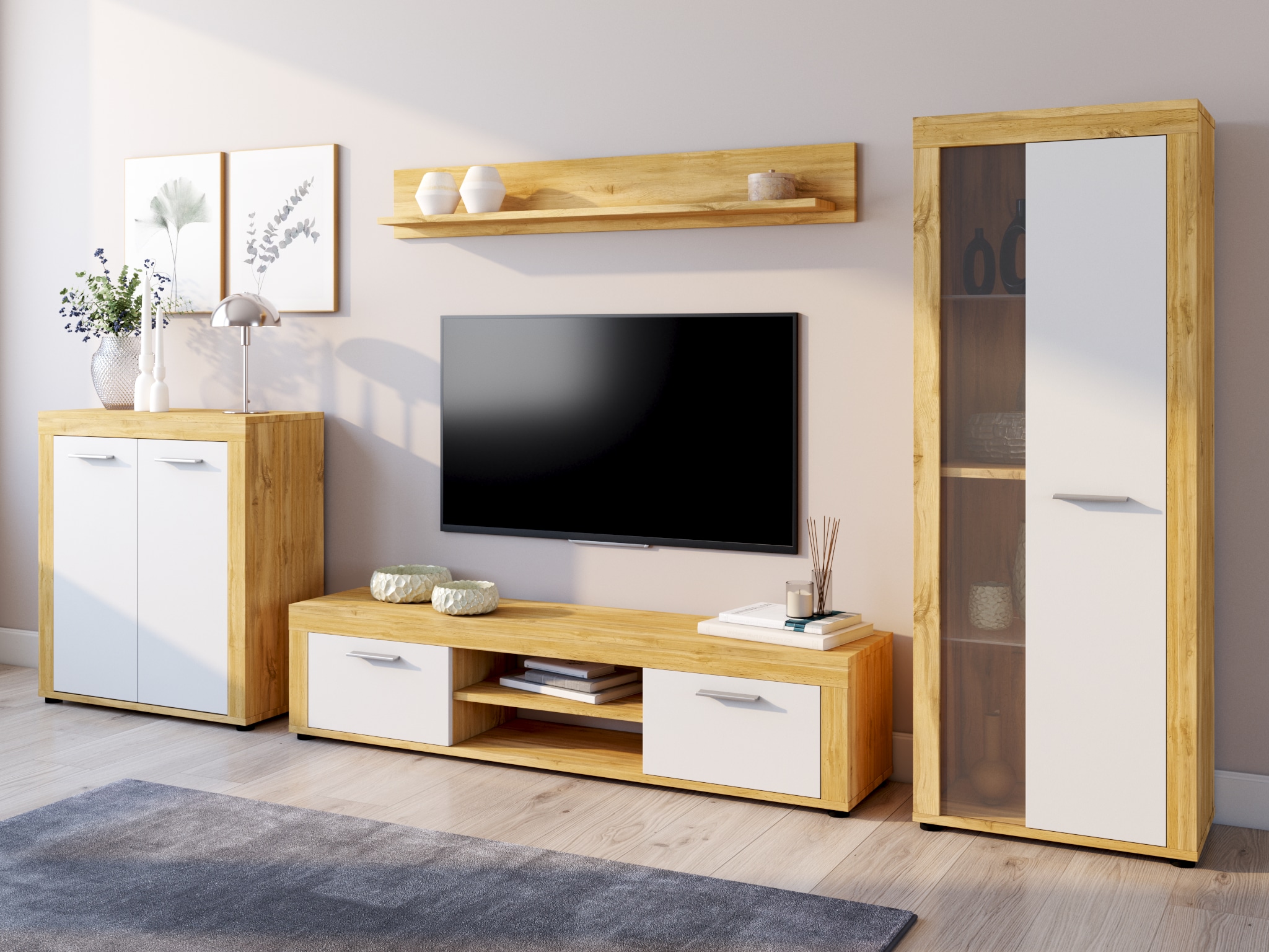 GOODproduct Meuble mural »AOSTA, Breite 330cm, 4-teilige Wohn-Kombination« composé de : meuble haut, meuble bas, étagère murale, vitrine, 4 cuis tlg.