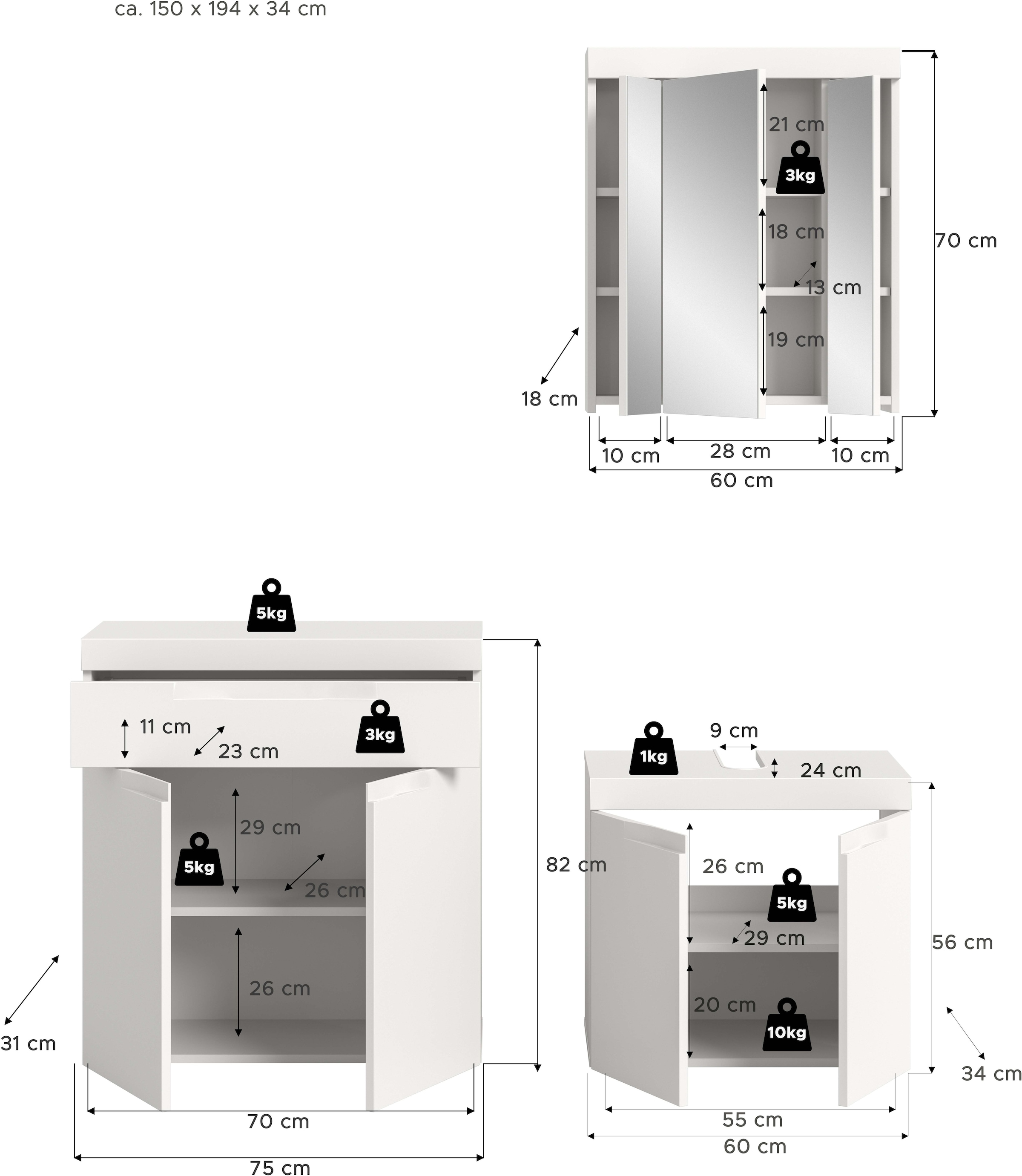 GOODproduct Badmöbel-Set »MAOI, 3-teilige Badkombination, hochwertige MDF Front«