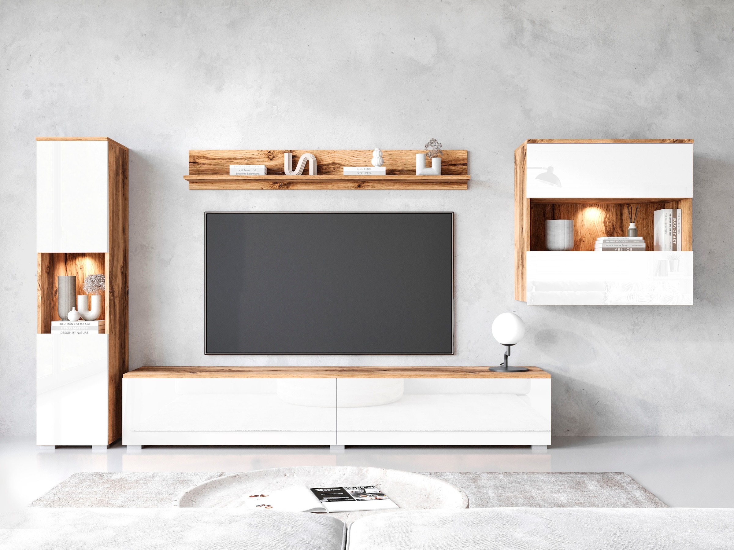 GOODproduct Wohnwand »PARIS, Vitrine Türanschlag links/rechts wechselbar« Komplett-Set, 4 Stk. tlg.