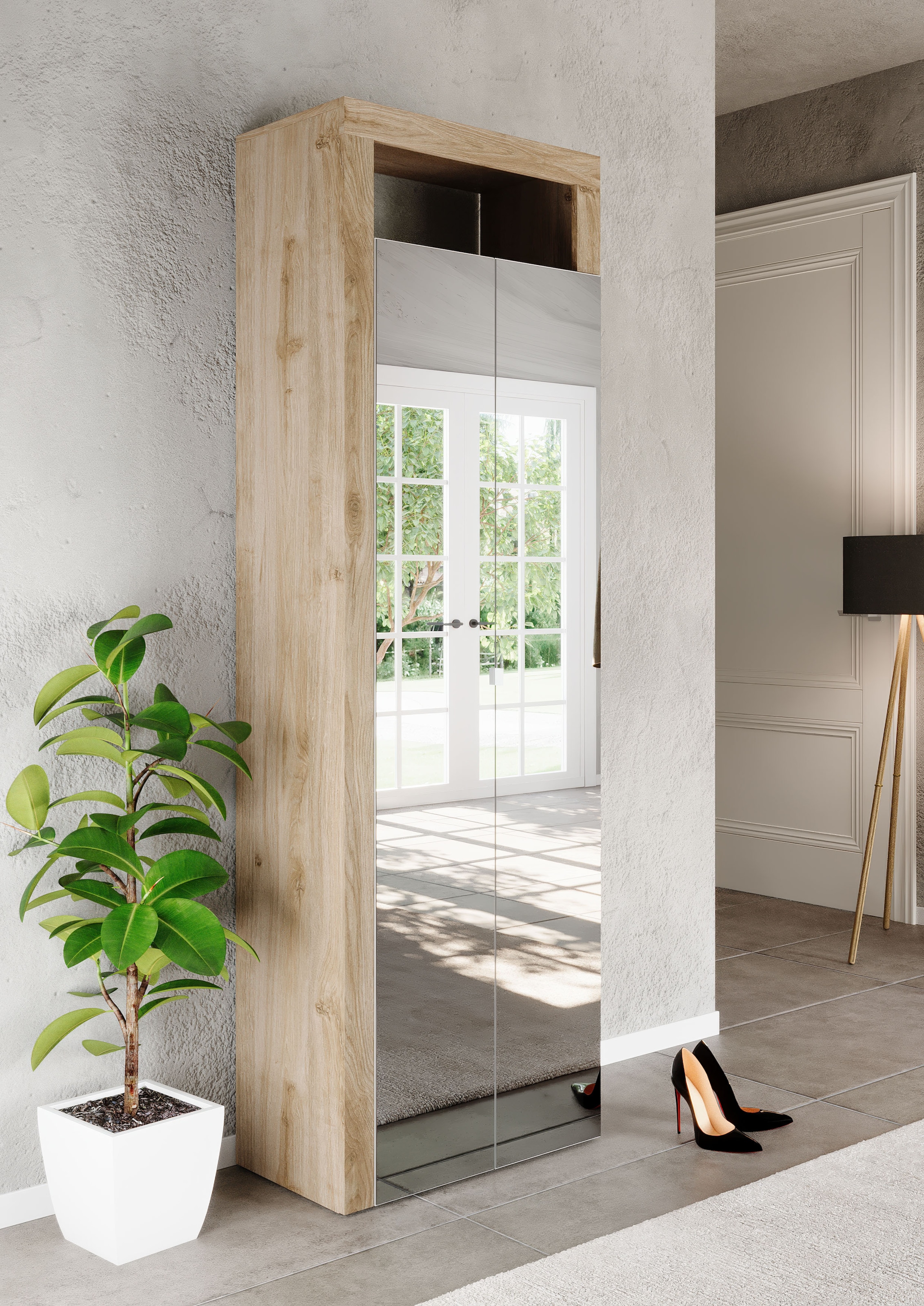 Home affaire Armoire à chaussures »Hamburg Höhe 195 cm, Hochschrank, 2 Spiegeltüren, dekorativer Rahmen,« Schuhregal mit 6 Ebenen, Ablagefach, verstellbare Böden, Metallgriff