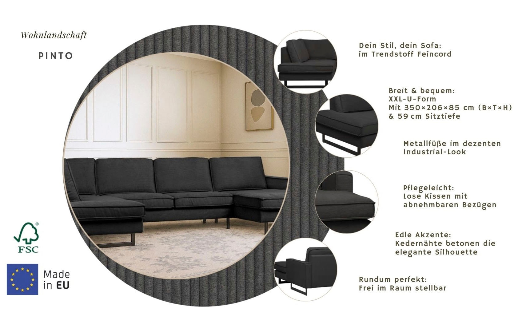 Home affaire Paysage de salon »Pinto, 350 cm, U-Form, XXL, mit Ottomanen« velours côtelé, chenille, aspect cuir, avec passepoil, pieds en métal, suspension ondulée