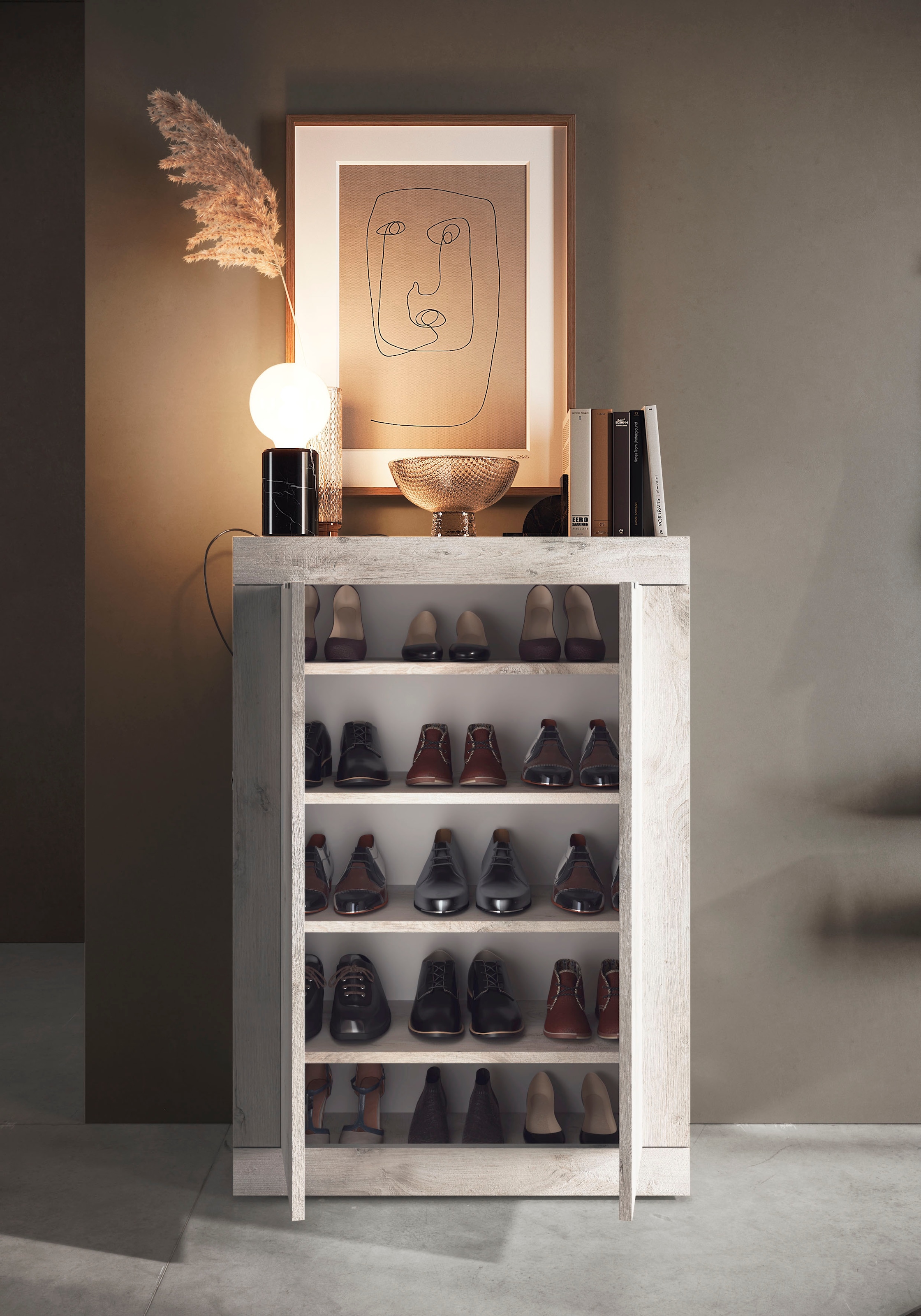 Home affaire Armoire à chaussures »Basic Breite 78 cm, Höhe 116 cm, Schuhkommode,« moderne Rahmenoptik, Metallgriffe, 4 Einlegeböden