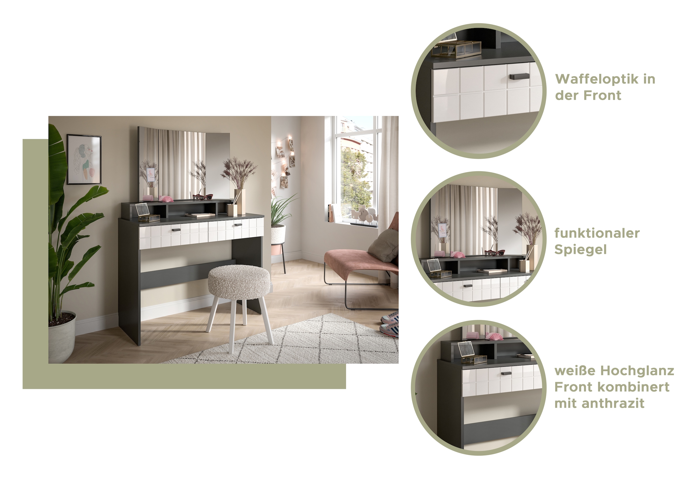 INOSIGN Coiffeuse »GORA, Breite 100 cm, 2 Schubkästen, 1feste & 2 faltbare Spiegelflächen« gefräste Front in Waffeloptik hochglanz, Frisiertisch, Spiegeltisch