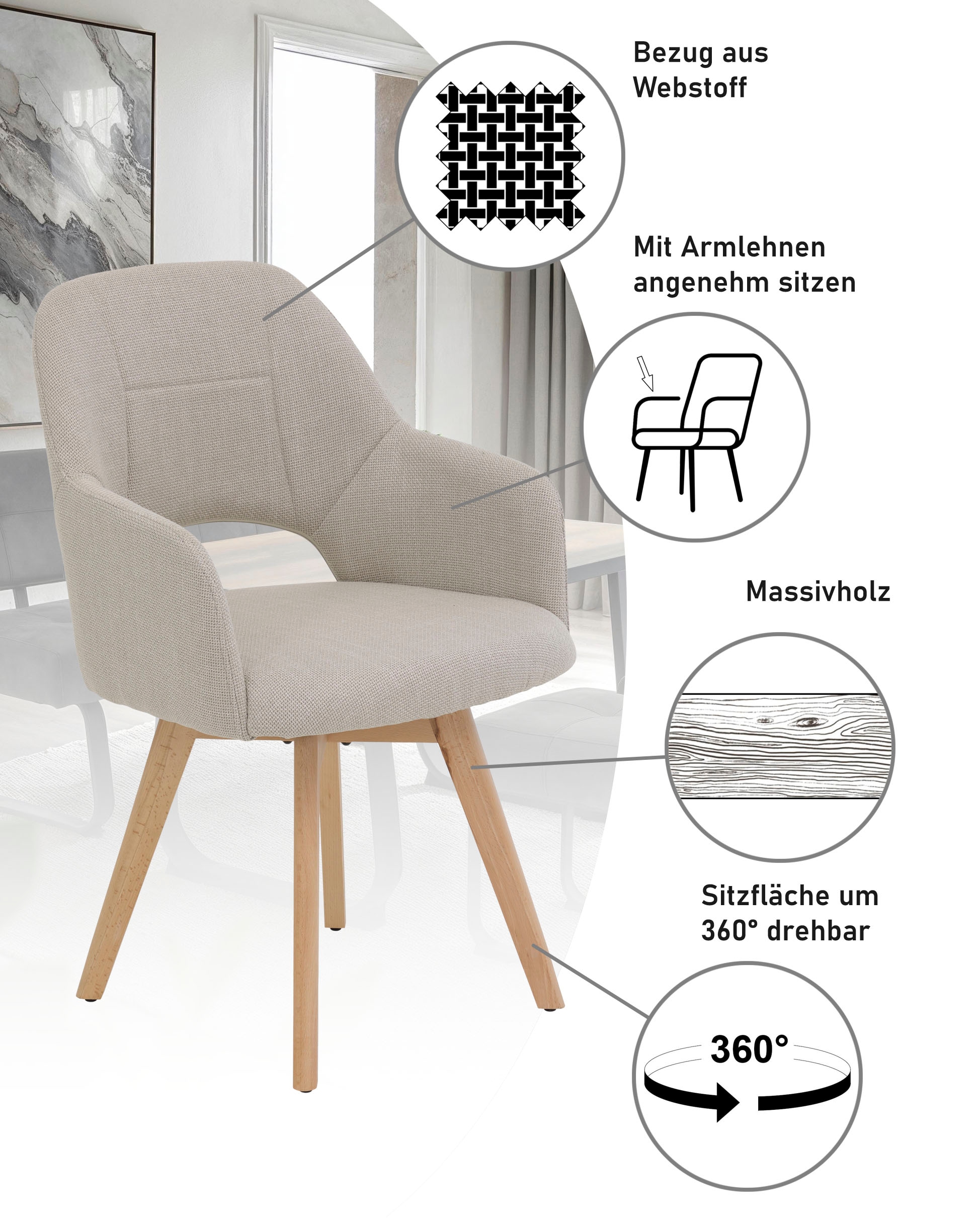 HELA Chaise à 4 pieds »STADE« (Set) 2 cuis360° drehbar,Massivholz 4-Fuss,Armlehnen,Ausschnitt im Rücken