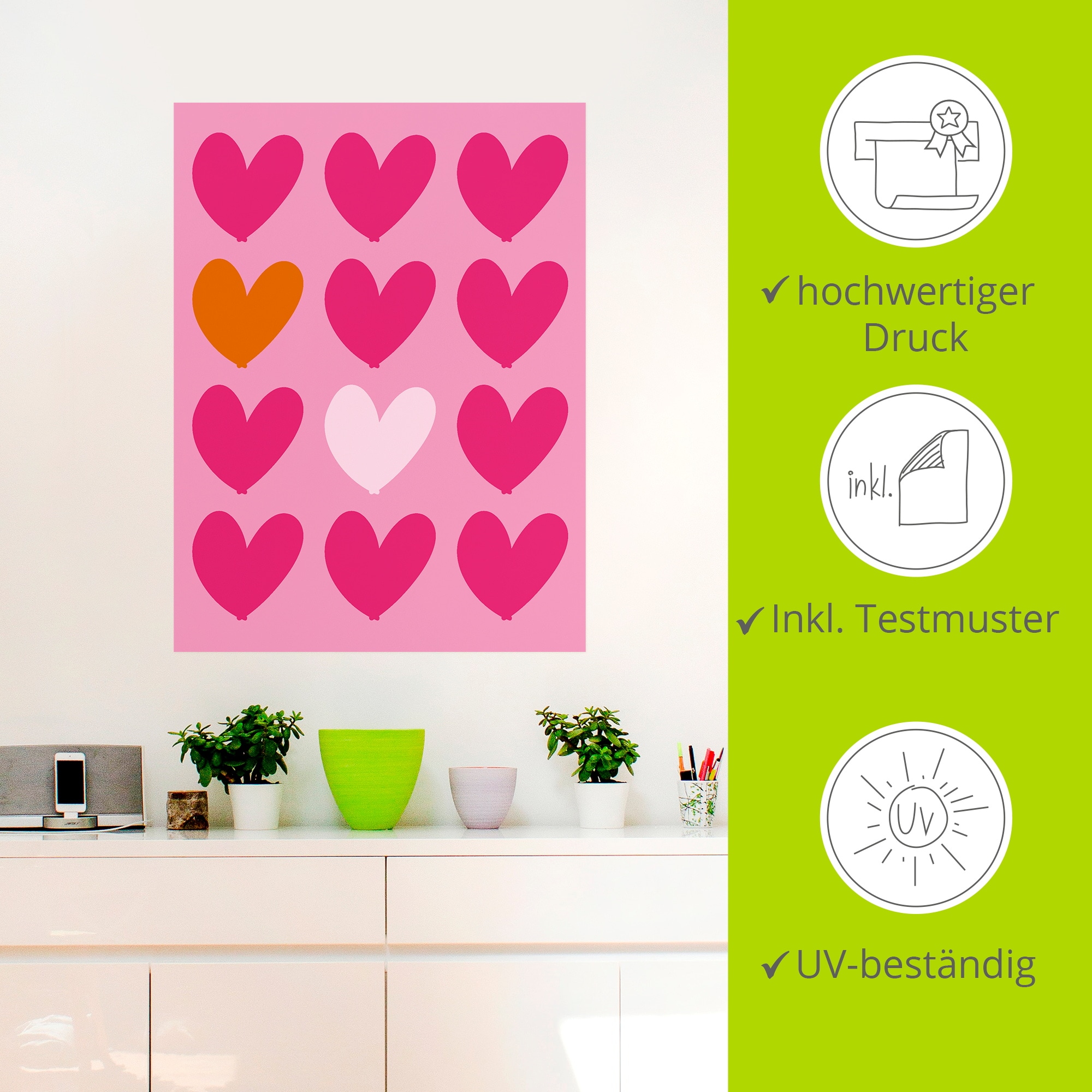 Artland Fresque murale »Herzen auf pink« 1 cuis tlg. als Alubild, Leinwandbild, Poster, Wandaufkleber in verschied. Grössen