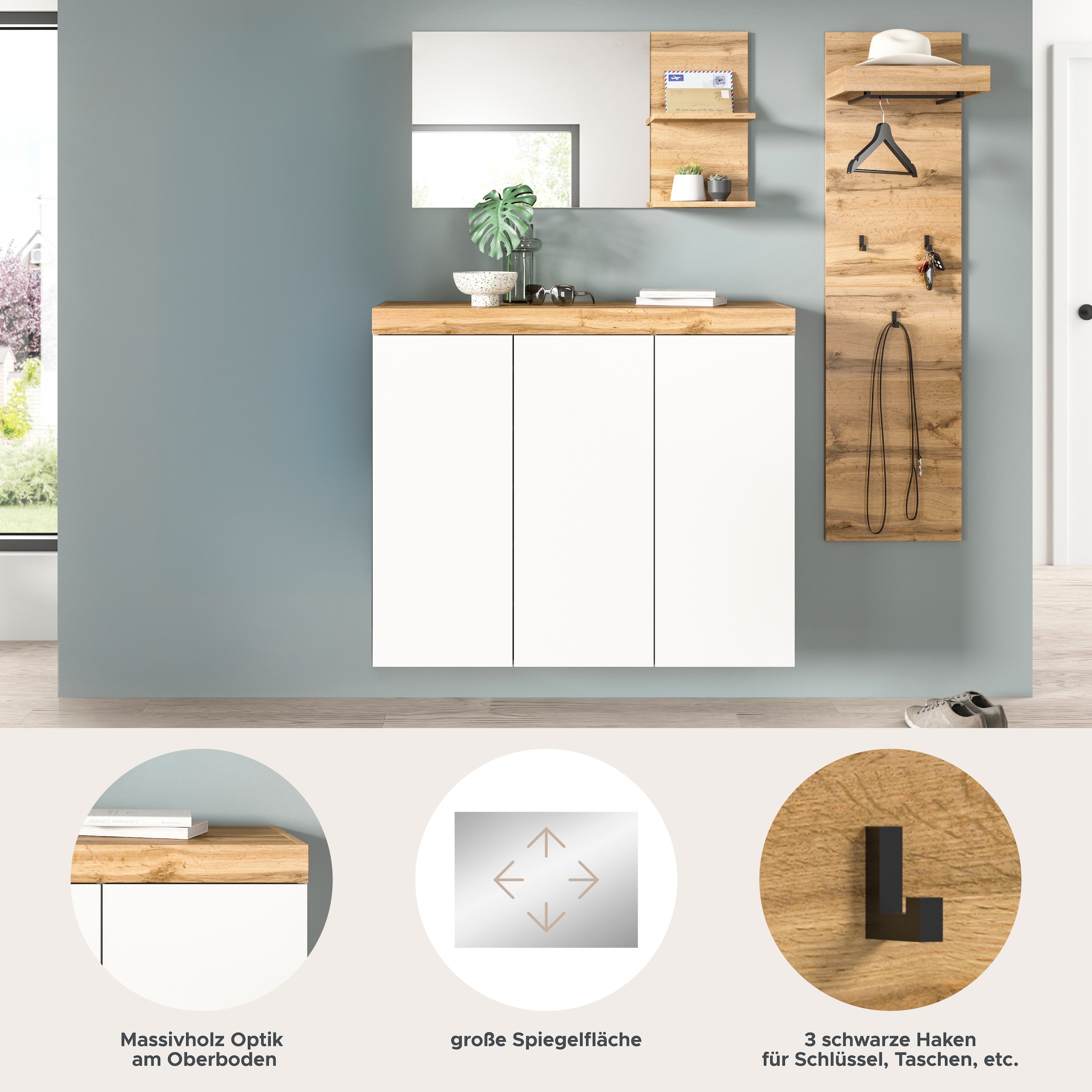 GOODproduct Garderoben-Set »MAMBO, 3-teilige Kombination, stehend & hängend montierbar« bestehend aus: Kommode, Spiegel, Garderobenpaneel, 3 Stk. tlg.