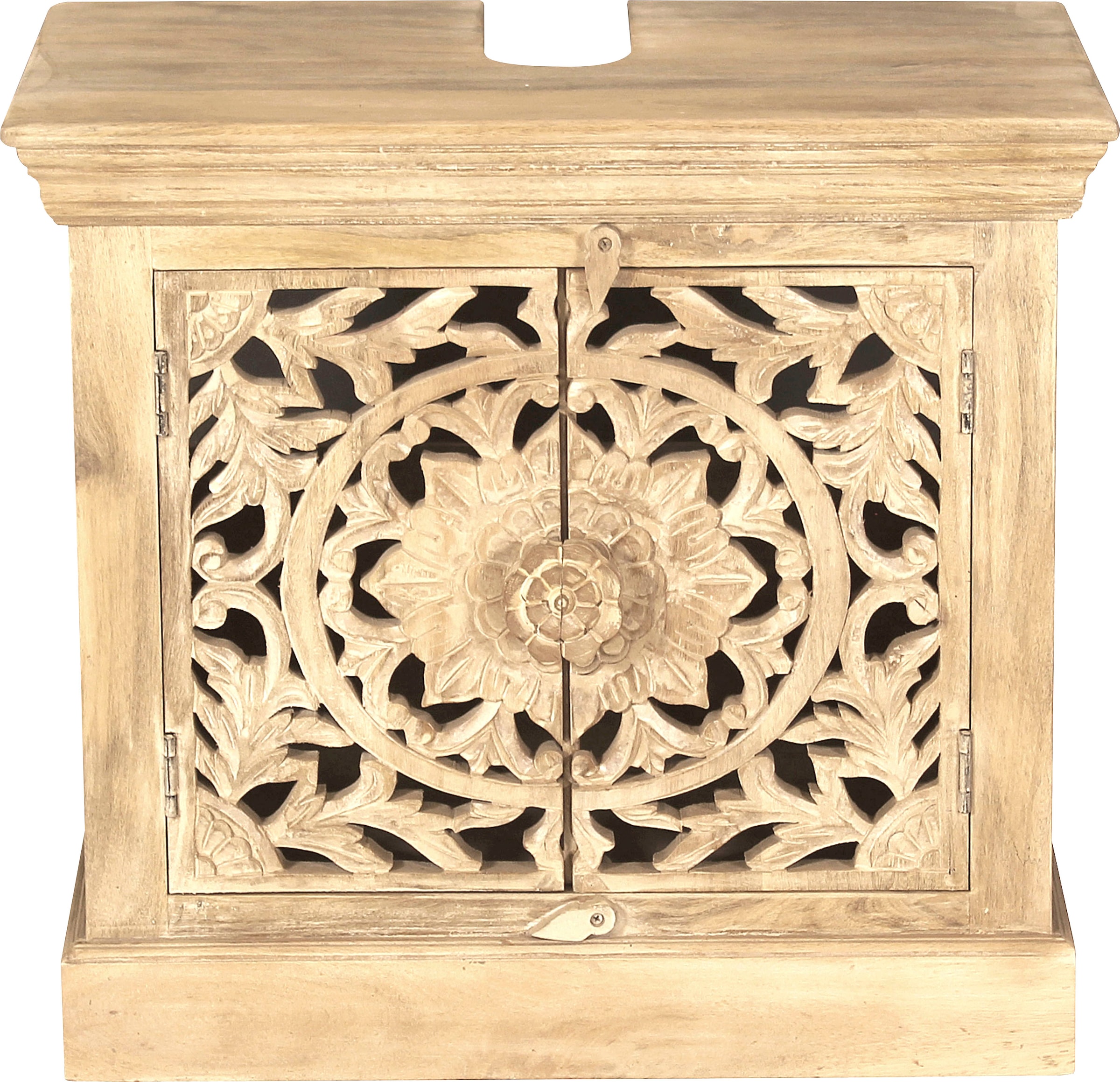 SIT Armoire basse »Gabès aus Mangoholz mit Schnitzereien & 2 Türen« Face décorative avec sculptures artisanales élaborées