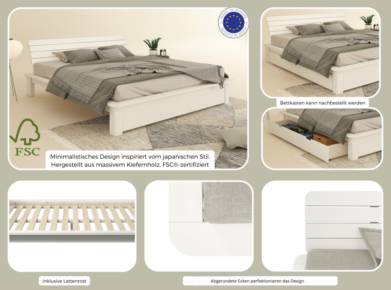 GOODproduct Lit en bois massif »Antri, Futonbett, ergonomisch geformtes Kopfteil, stilvolles Design« Rahmen zur Ablage von Smartphone, mit Lattenrost, Bettkasten optional