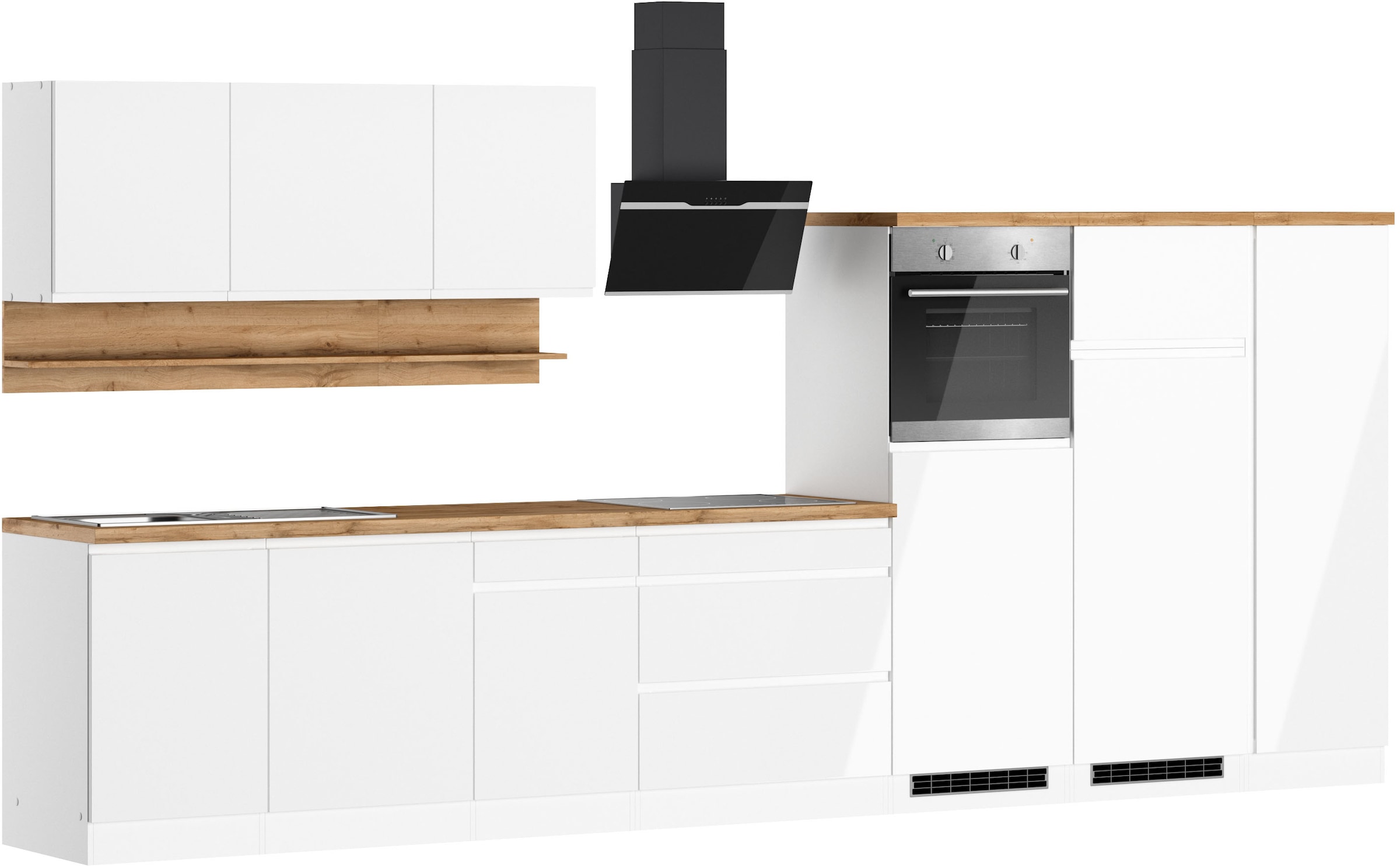 KOCHSTATION Küchenzeile »KS-Virginia,neu in verbesserter Ausführung« Arbeitsplatte 38 mm stark, Stauraum, Softclose,  Breite 410 cm, Softclose, wahlweise mit E-Geräten und Induktion