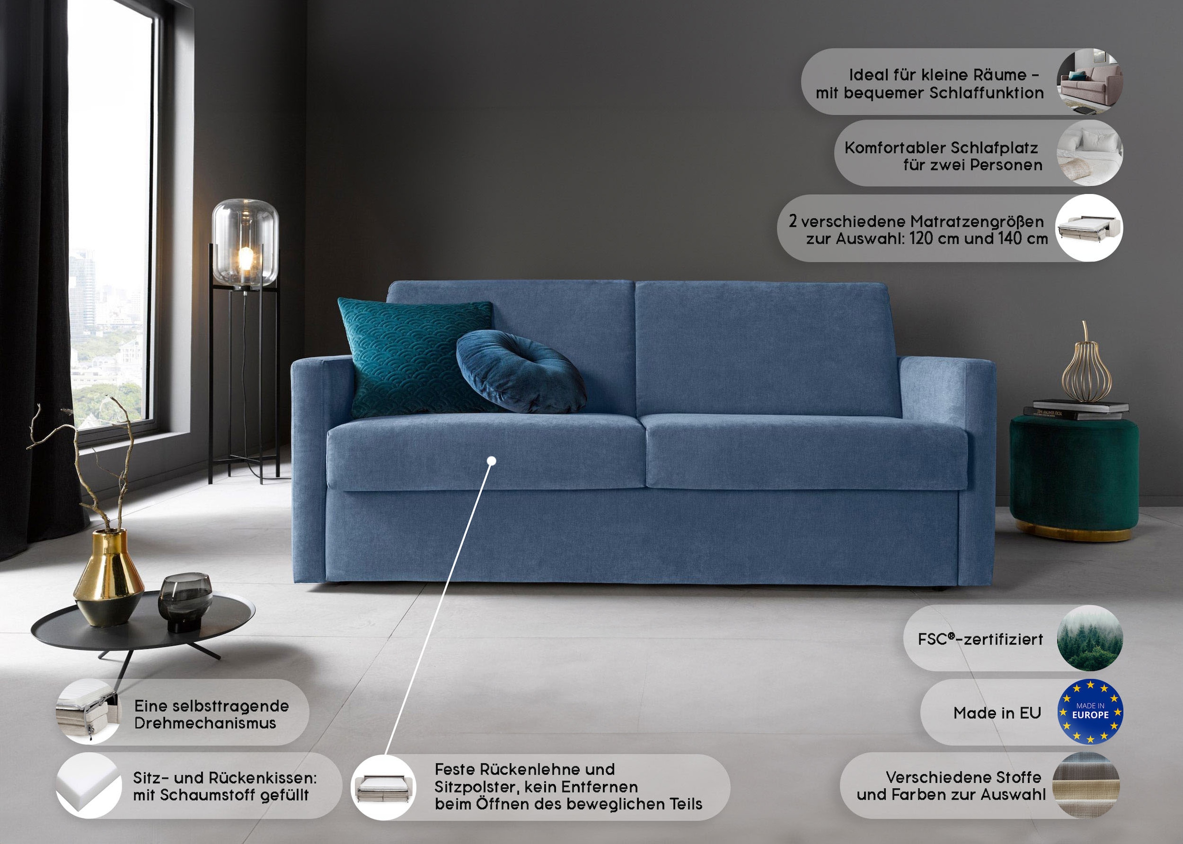 Home affaire Canapé-lit »GOLDPOINT 182cm,  Dauerschläfer, Liegefläche 140/200 cm,« 3-Sitzer mit Dauerschläfer-Funktion, Bonell-Federkernmatratze,