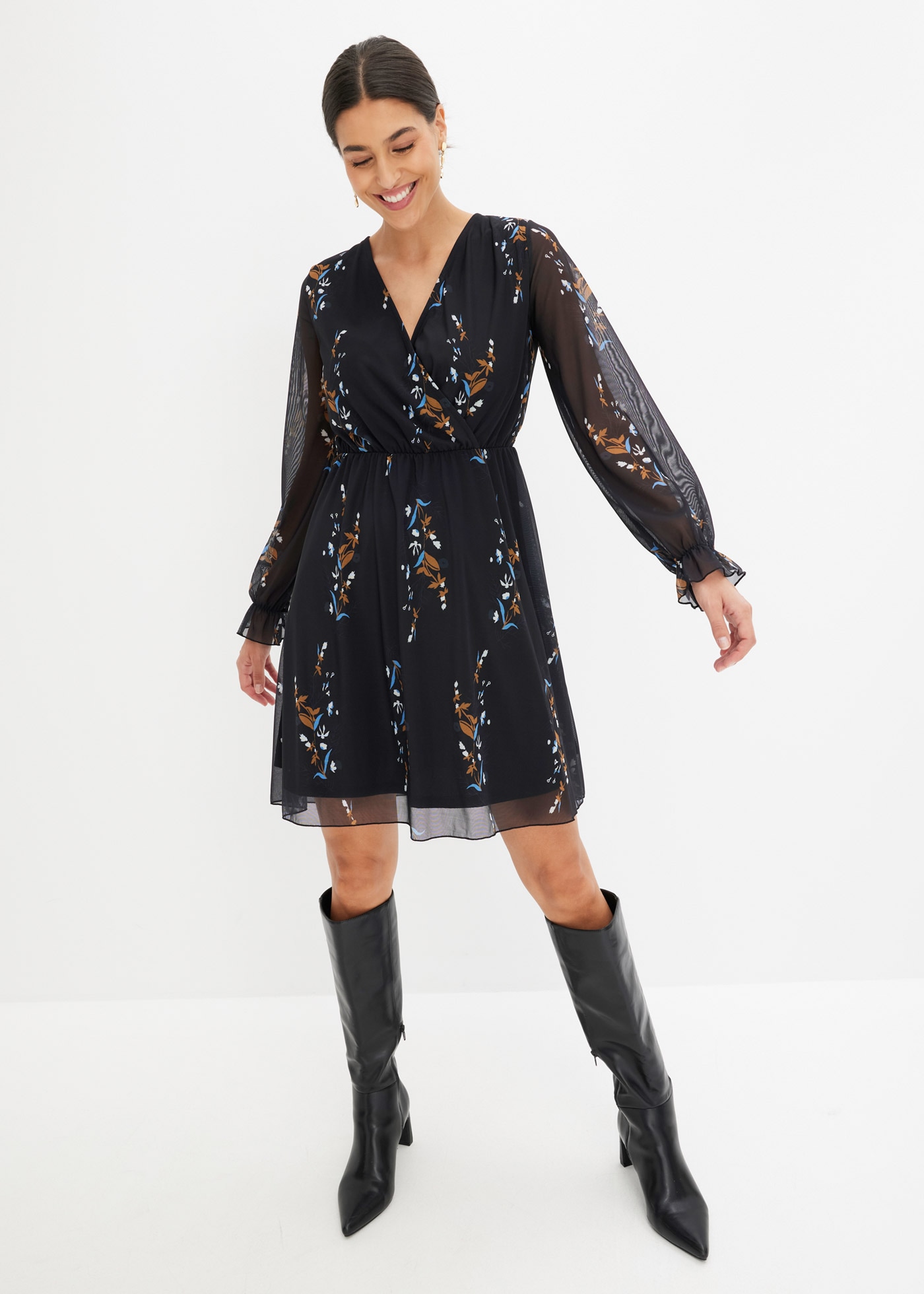 bonprix Mini-robe mit langem Arm, aus Polyester und Elasthan, mit floralem Print