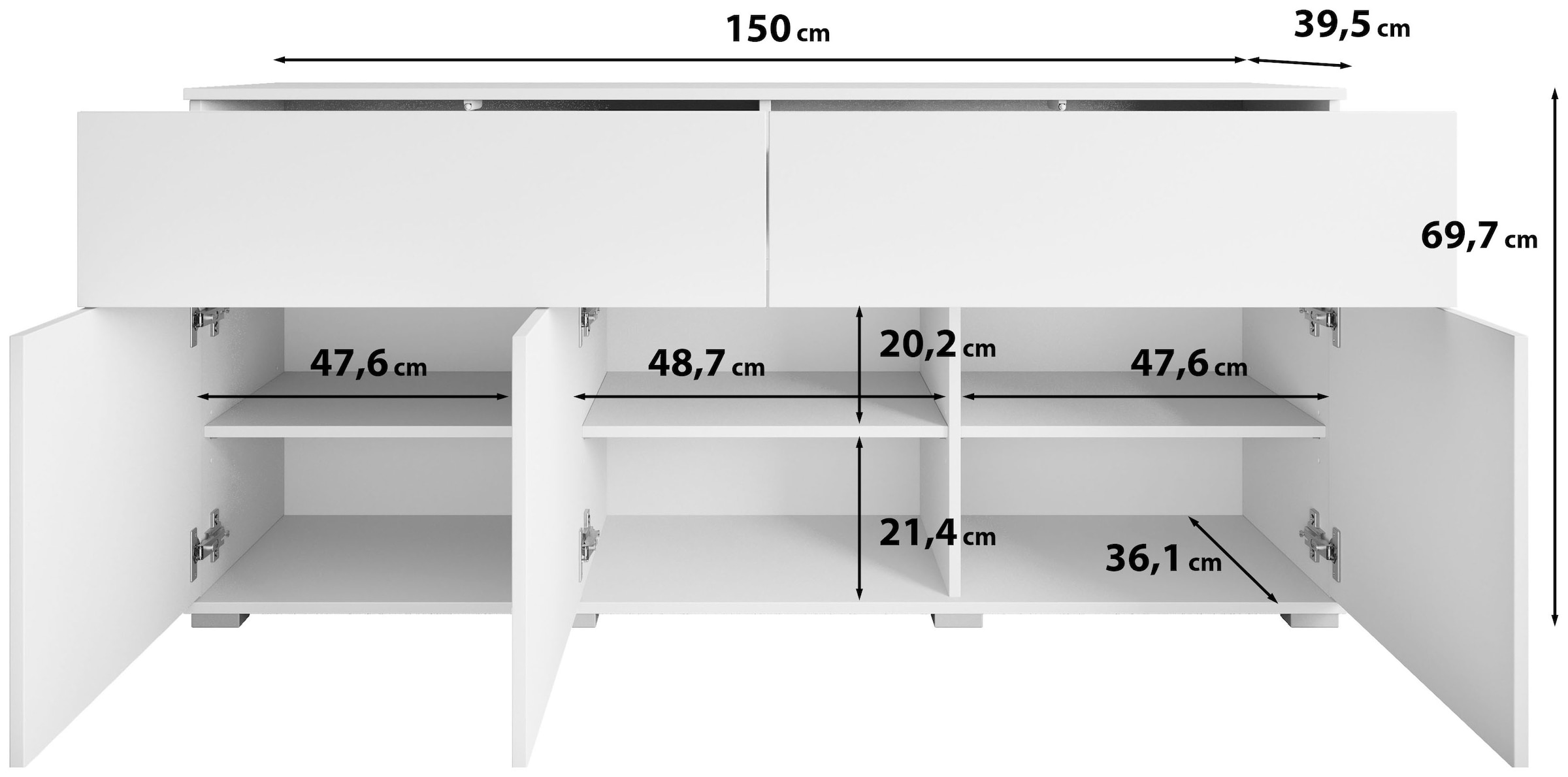 GOODproduct Buffet »Kenia, Kommode mit 3 Türen und 2 Schubladen, 150 cm breit« 1 cuis tlg. Design sans poignées avec push-to-open et étagères réglables