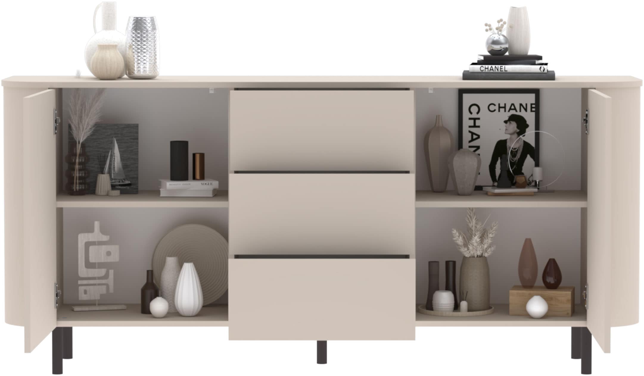 GOODproduct Sideboard »Lido, 181 cm breit, 2 Türen, 3 Schubkästen, Kommode, Stauraumschrank« Formgebogenes MDF, Stirnseiten mit Rundung, Push-to-open, Metallfüsse