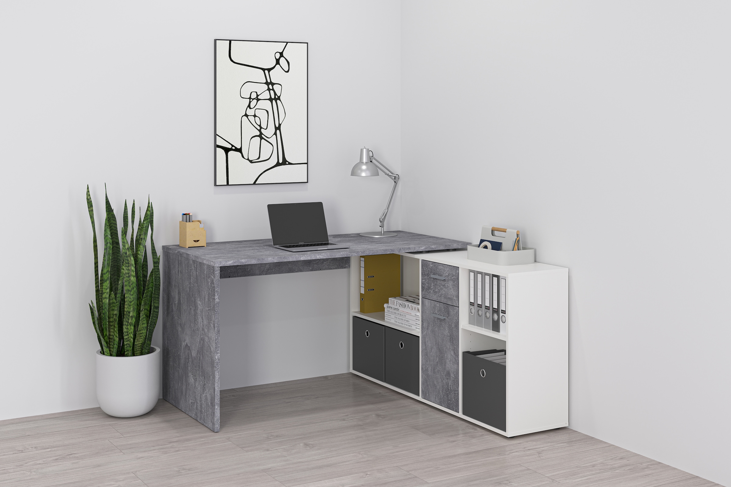 FMD Eckschreibtisch »Lexo« Schreibtisch/Sideboard viel Stauraum, beidseitig montierb., 136/205 cm
