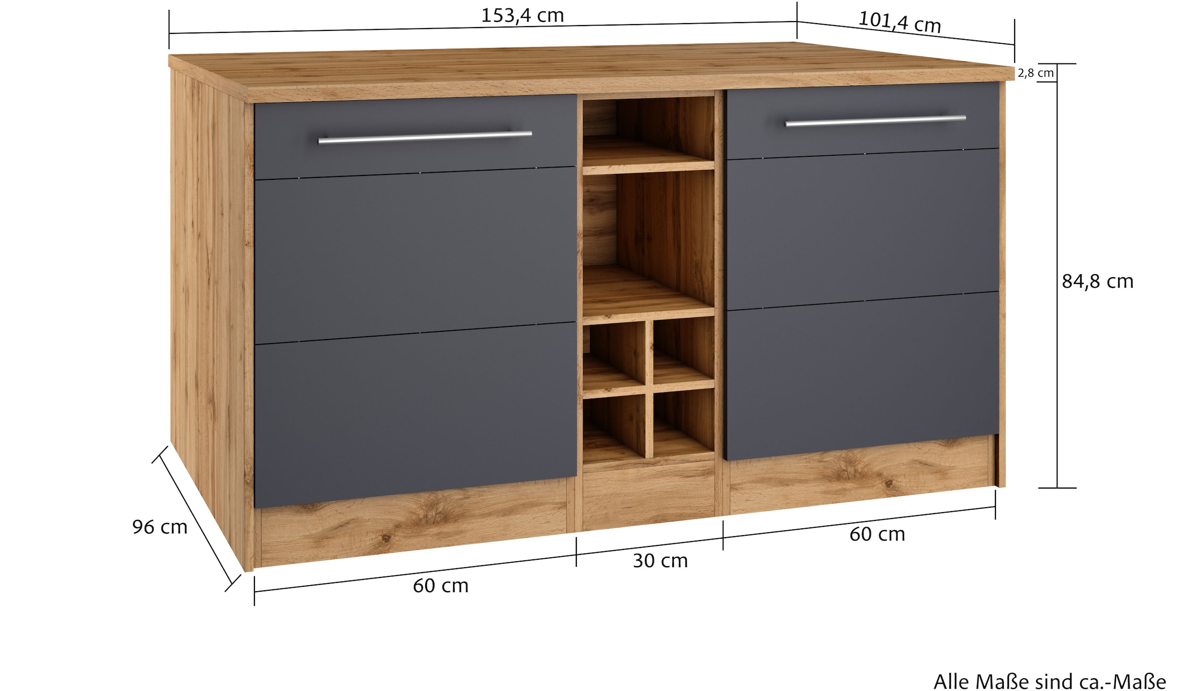 KOCHSTATION Ilot de cuisine »KS-Wien« largeur 153 cm, façades MDF, casier à bouteilles