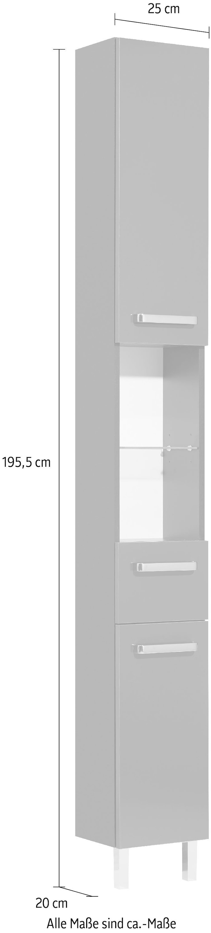 Saphir Armoire haute »Quickset Badschrank 25 cm breit, 2 Türen, 2 Nischen, 1 Schublade« armoire haute de salle de bain avec amortisseur de porte, poignées chrome brillant