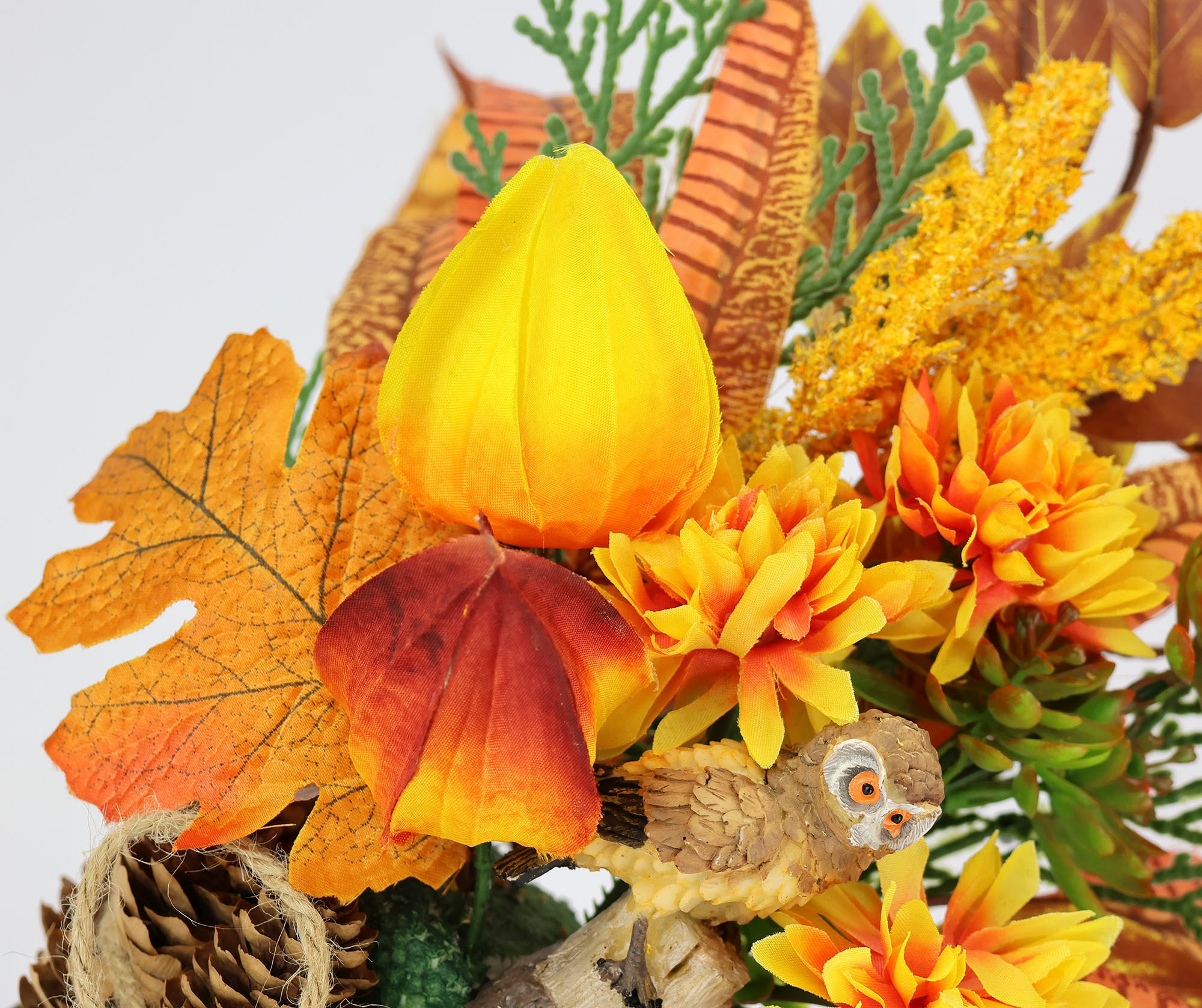 I.GE.A. Kunstblume »Herbstgesteck Chrysanthemen« Im Zapfentopf mit Physalis, Eule, Herbstlaub