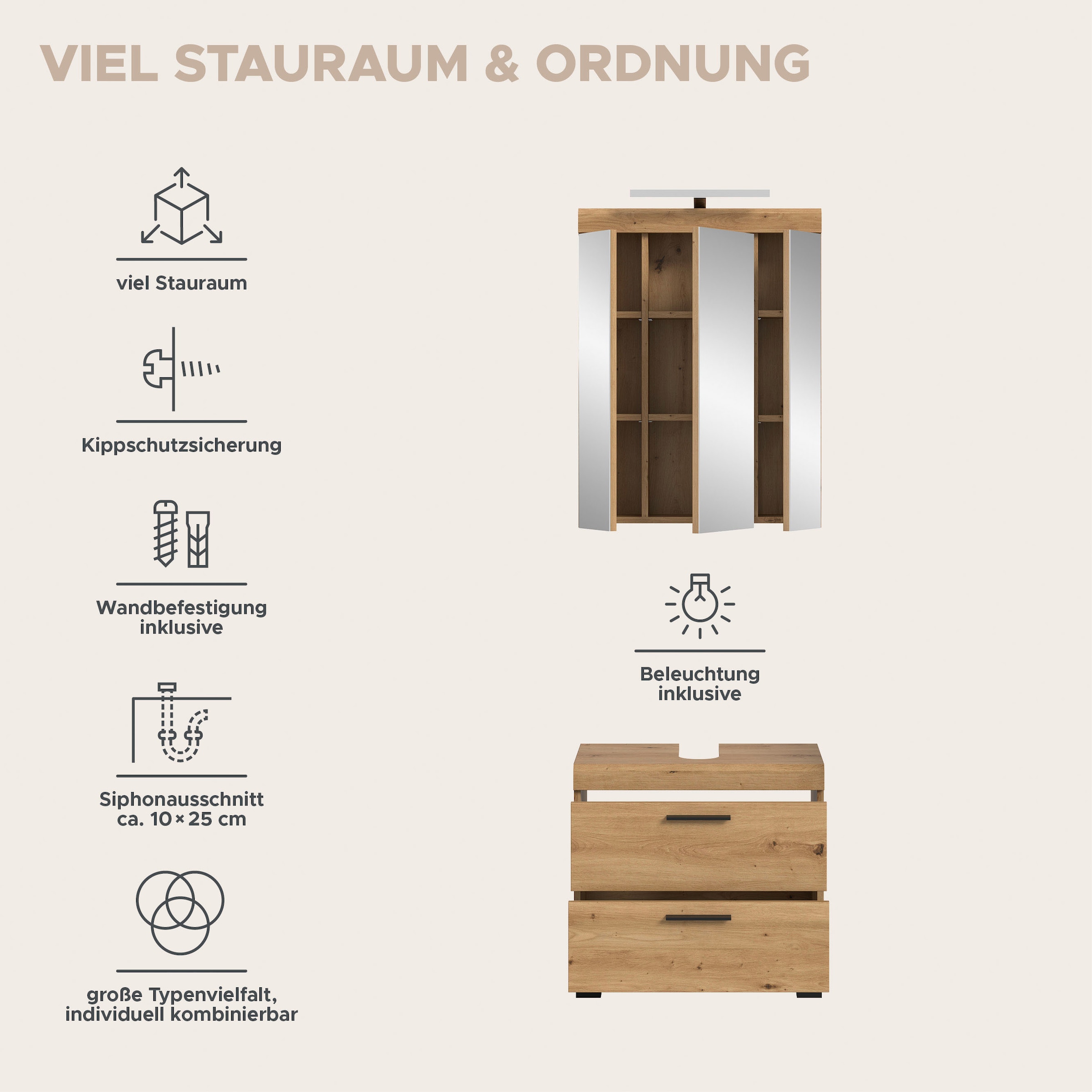 welltime Ensemble de meubles de salle de bain »SIENA, 2 teilig, inklusive LED Beleuchtung, bestehend aus:« Ensemble, BEST-SELLER !, 2 cuis tlg.