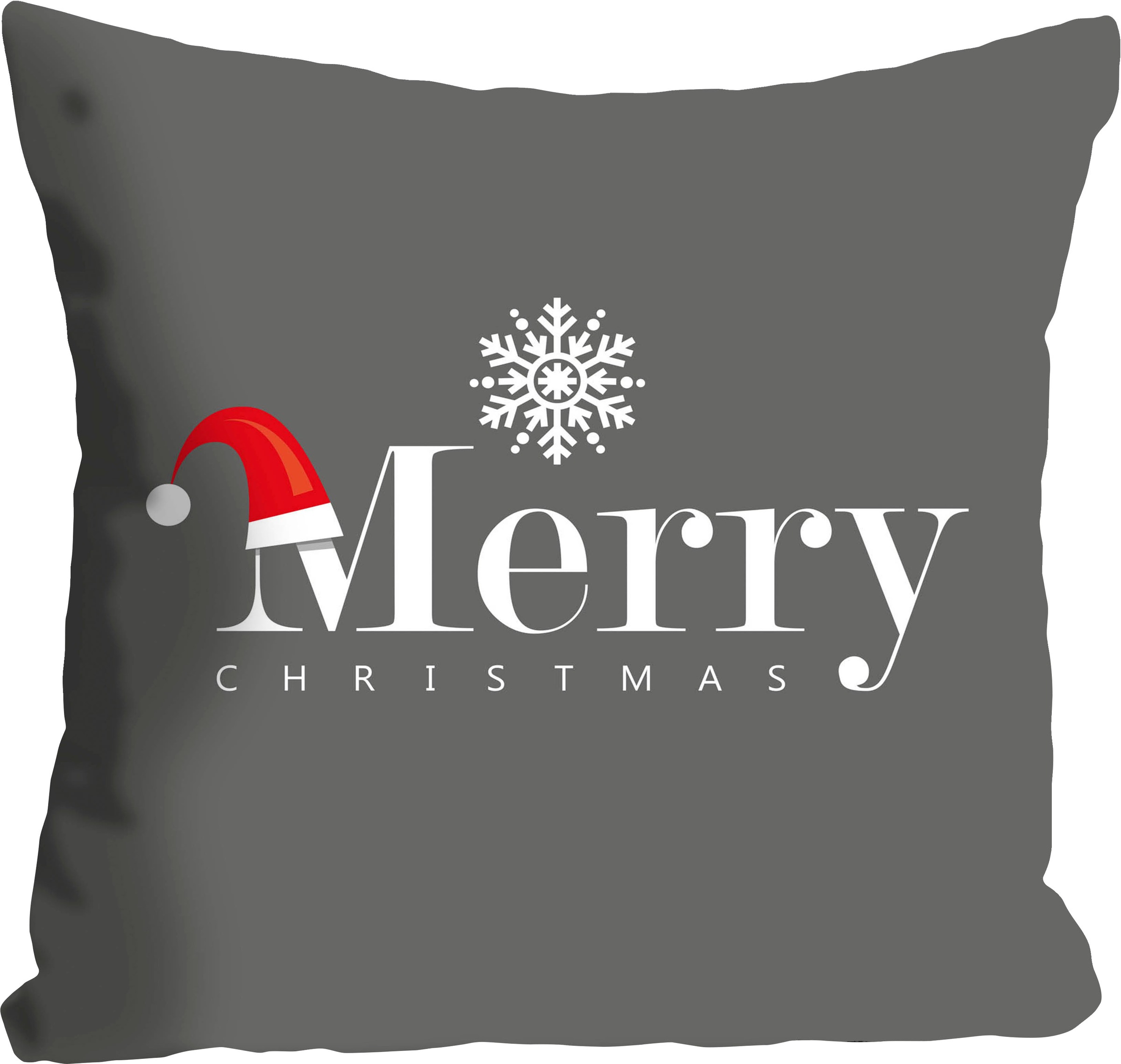 queence Dekokissen »Adrian« Kissenhülle,Merry Christmas,Schriftzug,Graues Kissen,Schneeflocke
