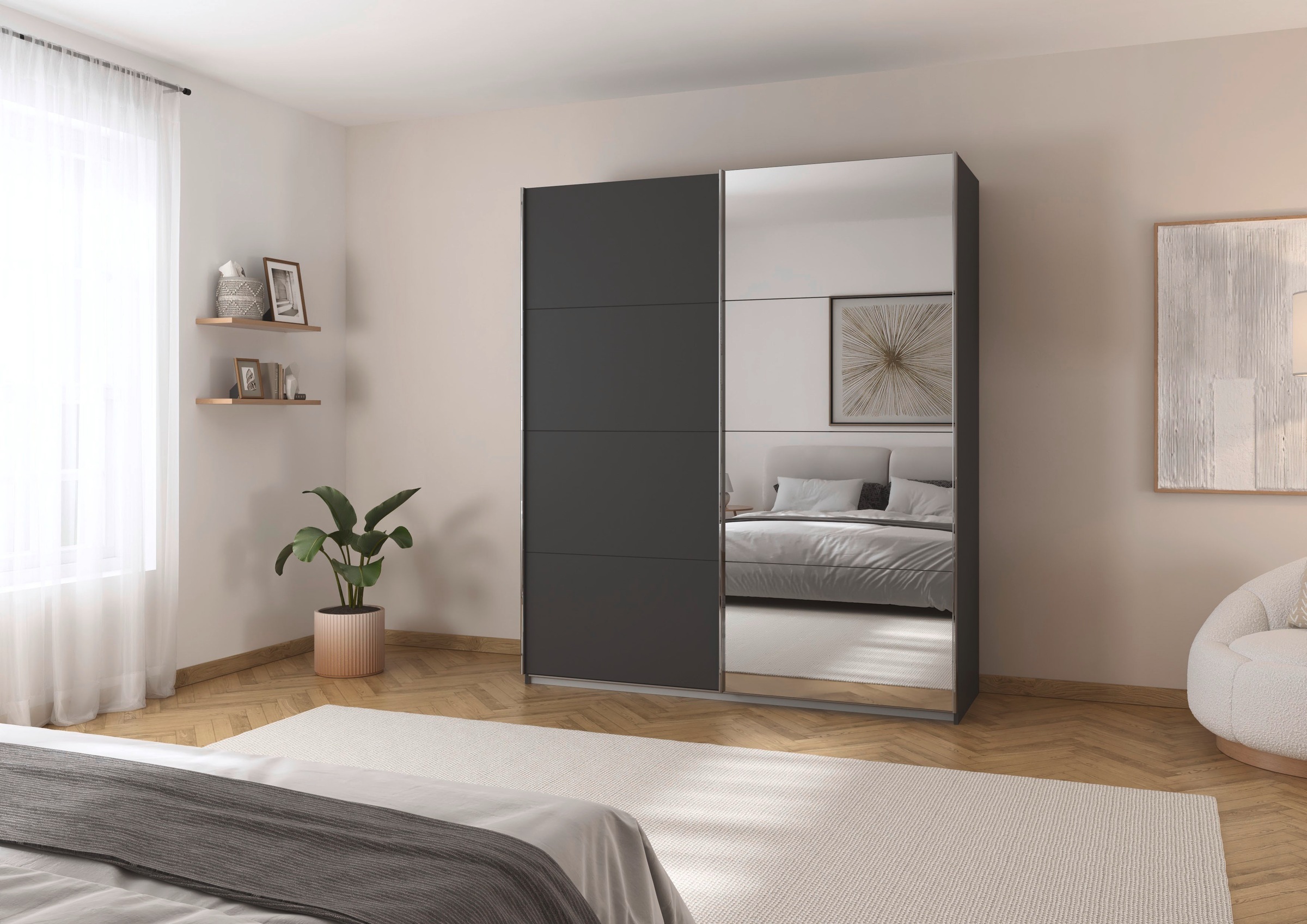 rauch Armoire à portes coulissantes »Kleiderschrank Schrank Ankleide Garderobe Schlafzimmerschrank MOITA« Largeurs : 181/226/271 cm, hauteur 210 cm,  avec miroir et barres de poignée en métal alu MADE IN GERMANY