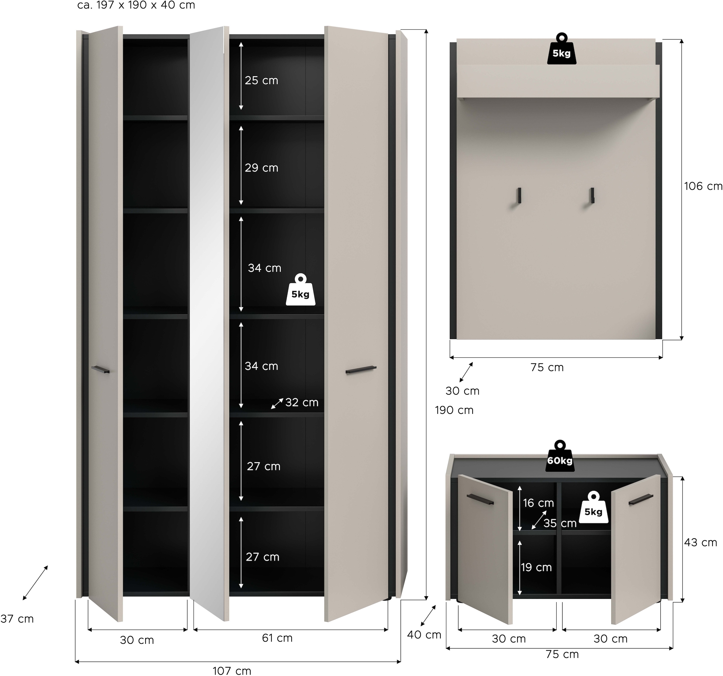 Home affaire Garderoben-Set »RAK, 3-teilige Garderoben-Kombination, Breite ca.197 cm« Garderobenschrank, Sitzbank, Garderobenpaneel, 3 Stk. tlg.