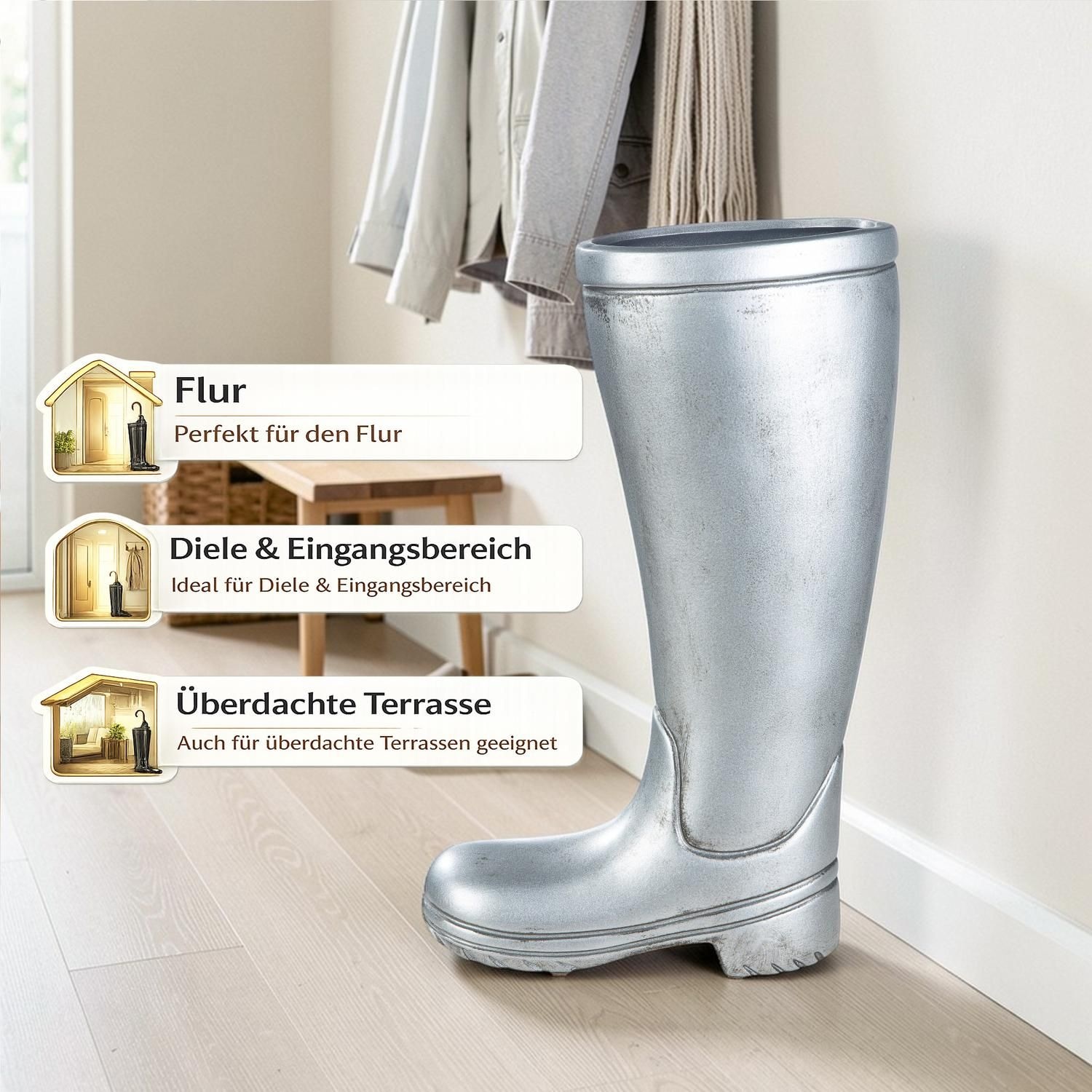 Casablanca by Gilde Porte-parapluies »Regenschirmständer Stiefel, silber« pour parapluies, hauteur 45 cm, forme bottes en caoutchouc, en céramique