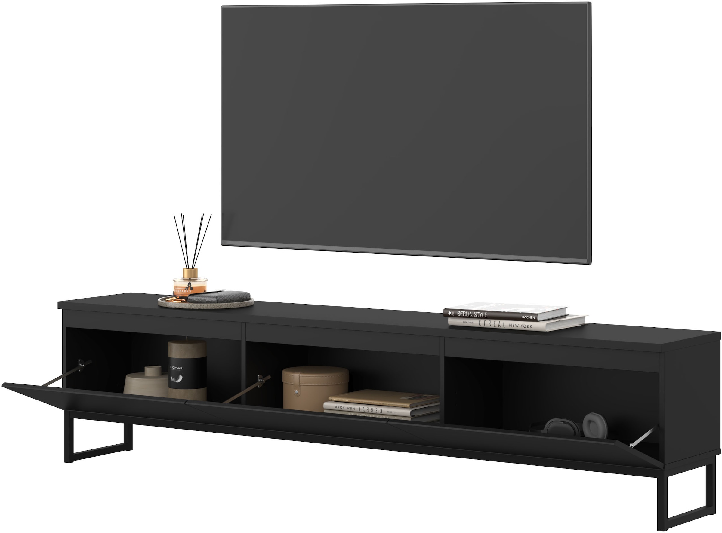 GOODproduct Lowboard »Modo II, Breite 200 cm, modernes griffloses Lowboard 3 Klappen« TV-Kommode mit viel Stauraum, Metallkufen