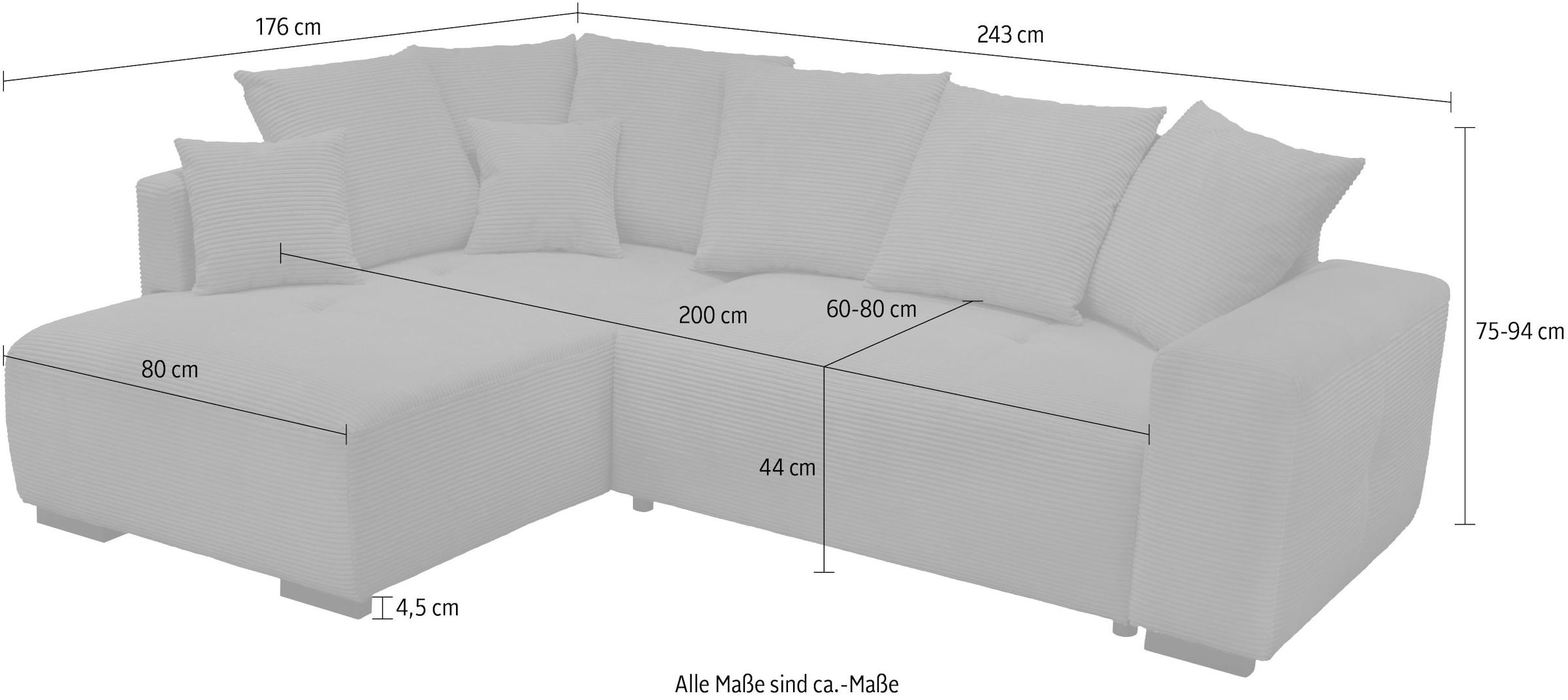 exxpo - sofa fashion Ecksofa »Arpino, elegant & bequem, Ottomane beidseitig montierbar, L-Form« Breite 243cm, komfortable Wellenunterfederung,  moderner Cord Bezug