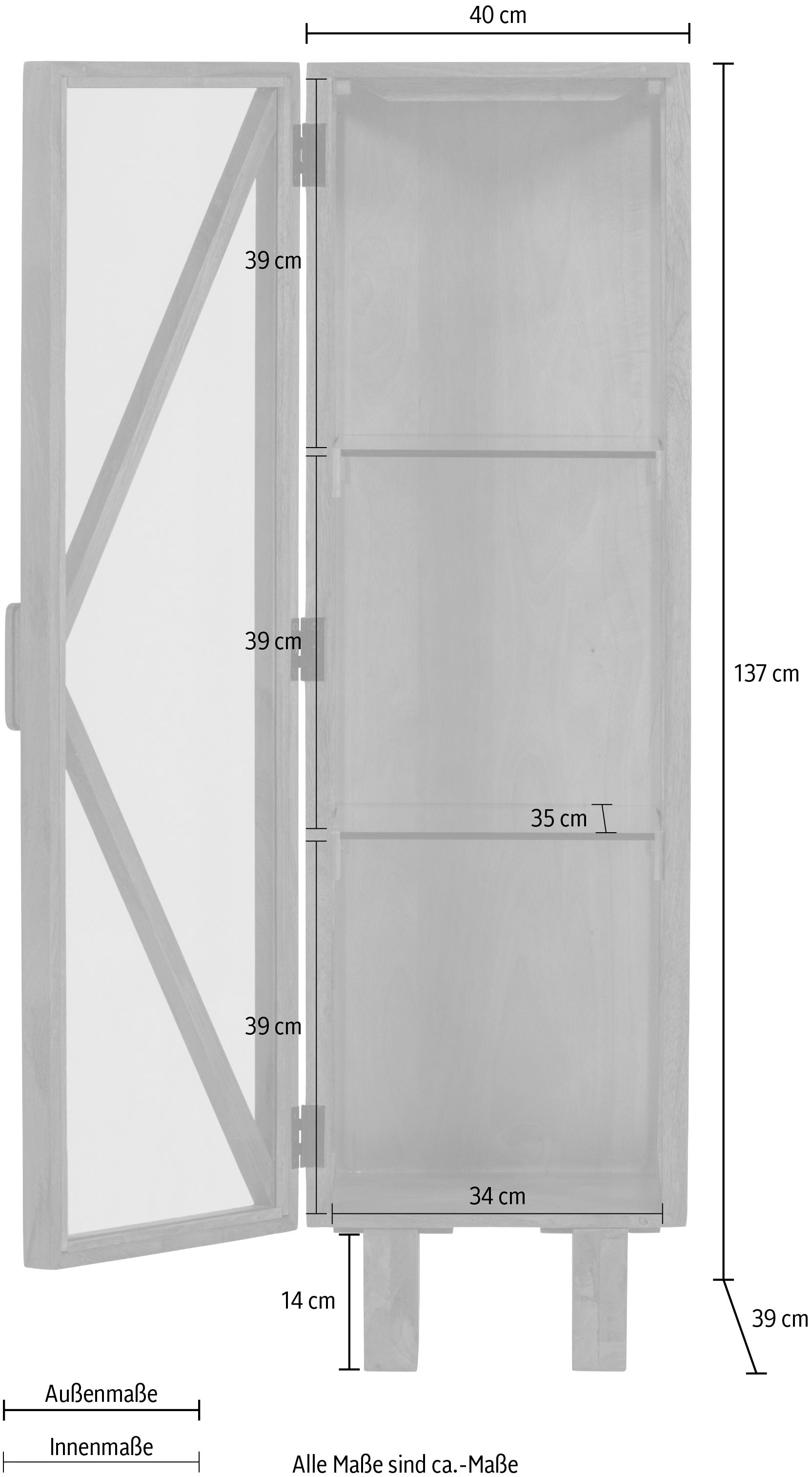 WOOOD Vitrines »Kella Mangoholz mit Glastüren und Glaseinlegeböden 40 x 39 x 137 cm« Capacité de charge 5–7 kg par tablette en verre, fixation murale recommandée