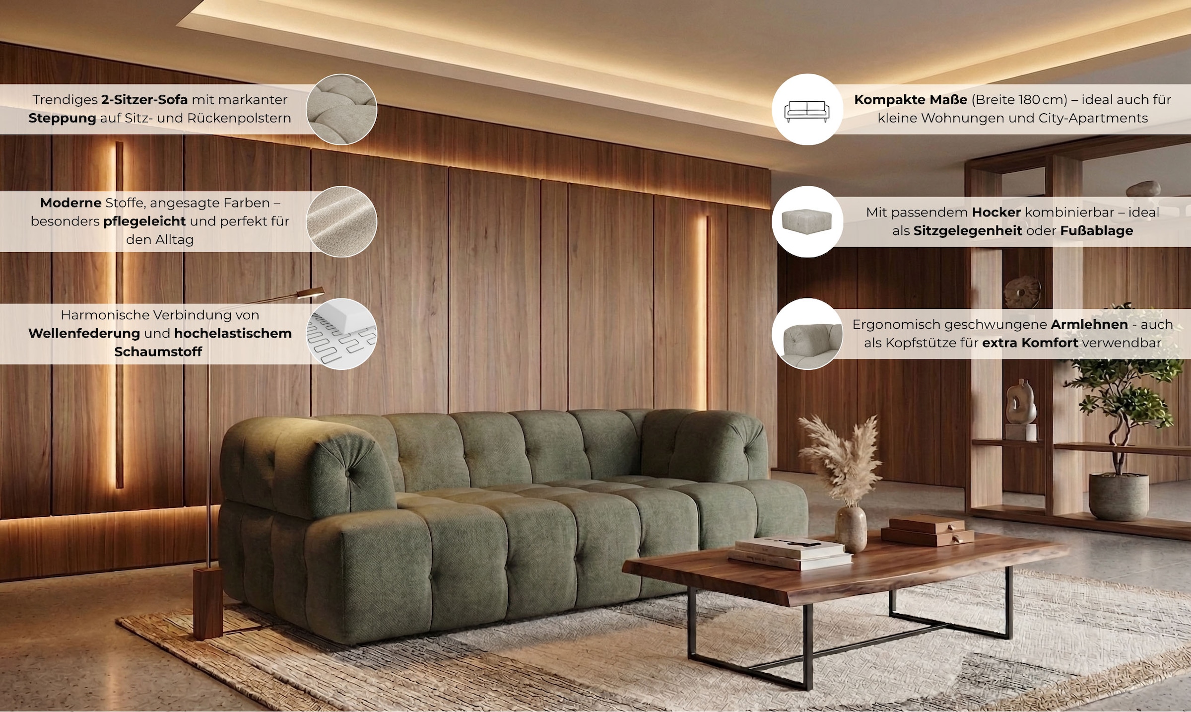 Home affaire 2-places »APERIRE Design-Sofa, moderne Steppung, Breite 180 cm« mit Wellenunterfederung, gemütlich und modern, komfortables Sitzgefühl